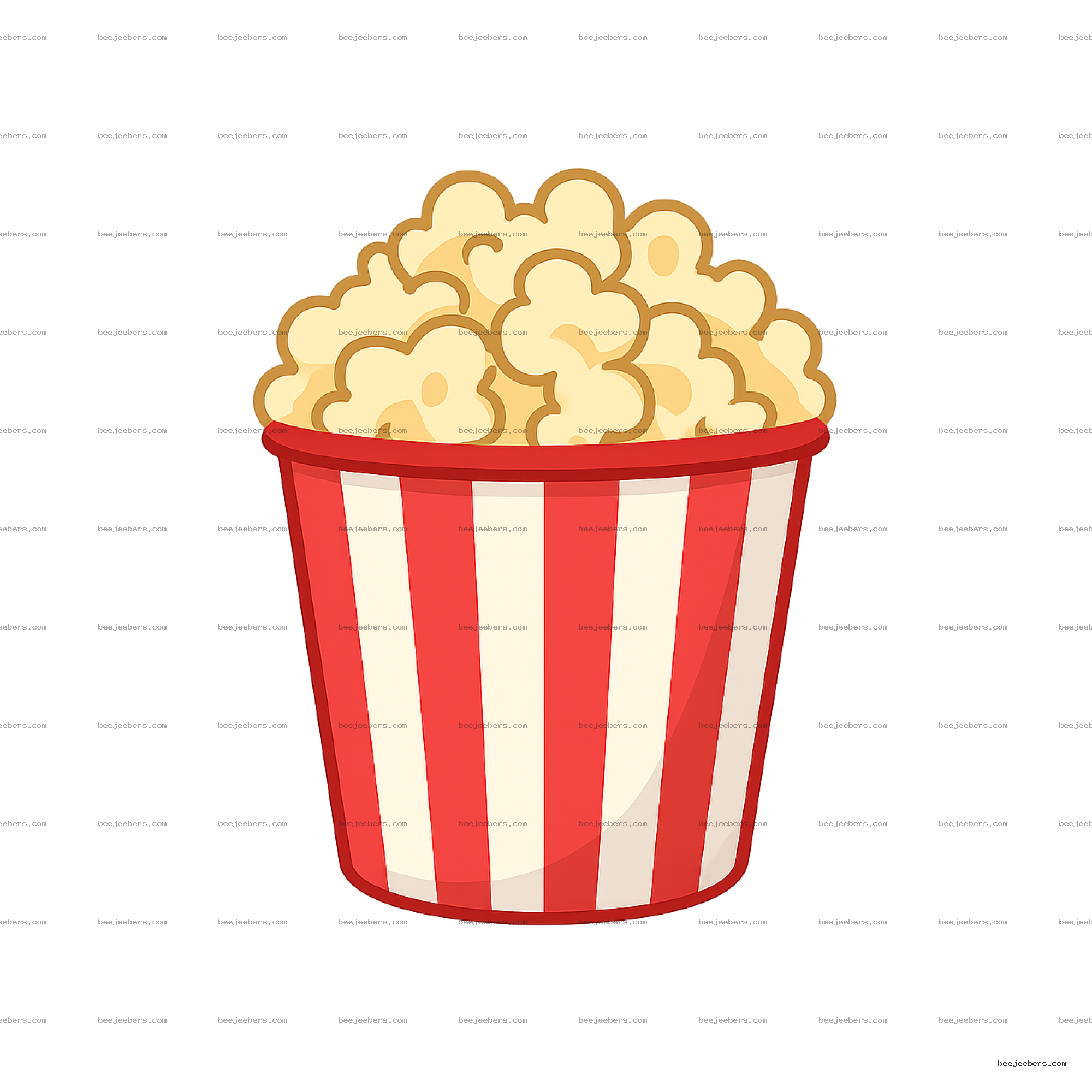 Red and white striped bucket filled with fluffy popcorn vector illustration on transparent background
