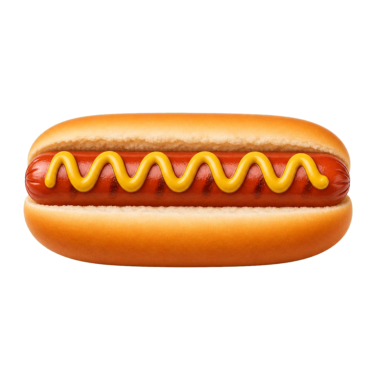 A classic hotdog in a soft bun with a yellow mustard drizzle on top. on a transparent background.