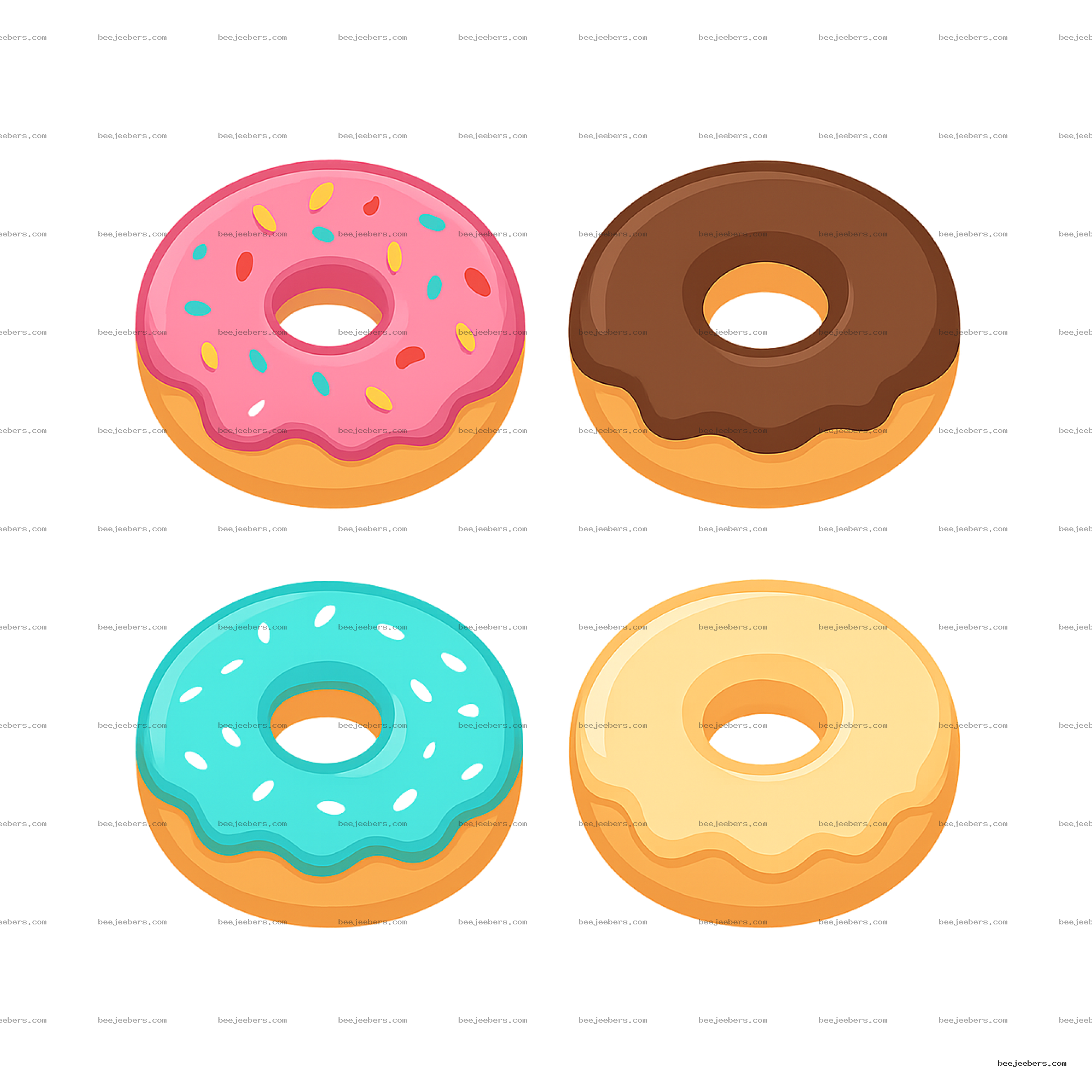 Four colorful donuts with different icing and sprinkles on transparent background in vector style