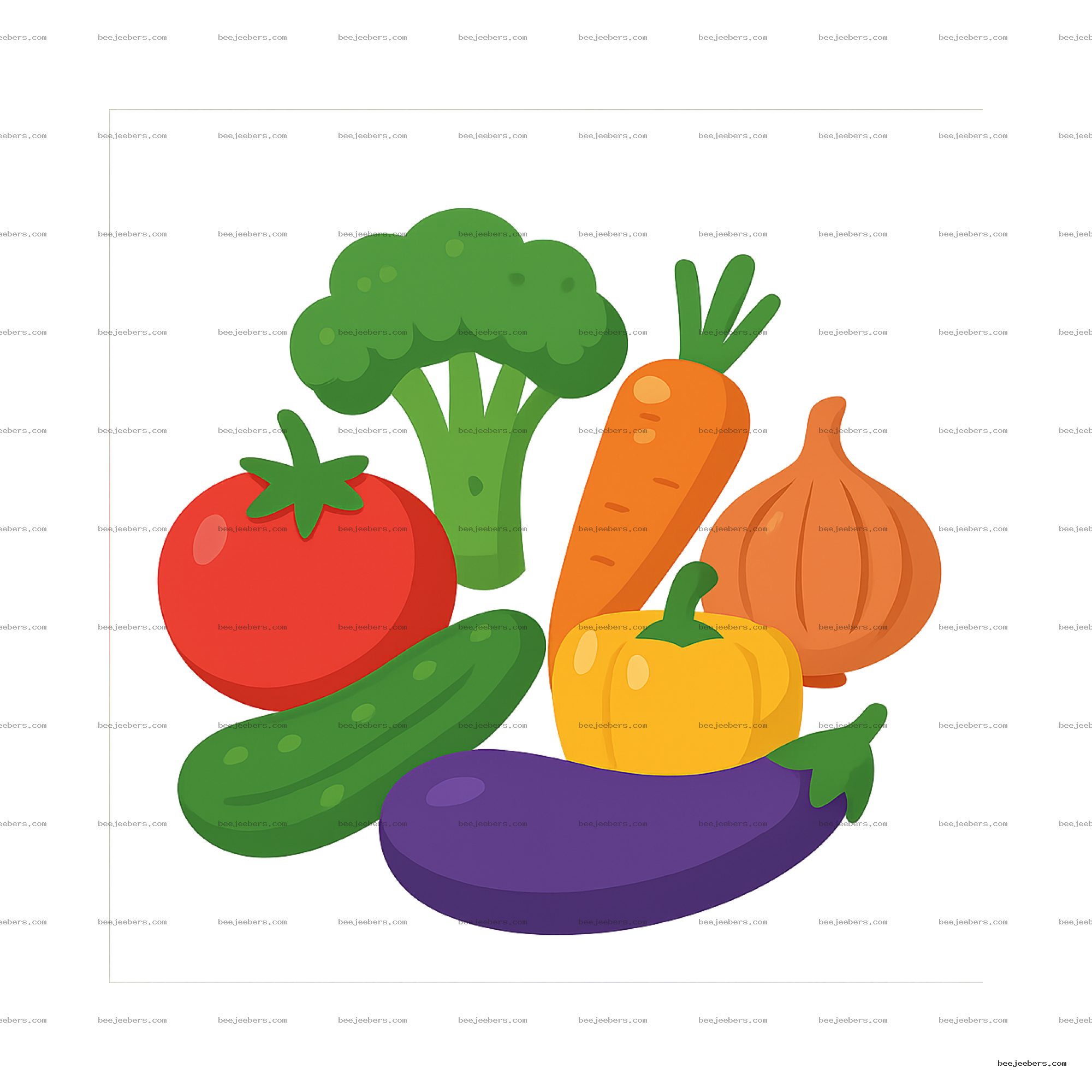 Vector clipart of tomato, broccoli, carrot, onion, bell pepper, cucumber, and eggplant vegetables