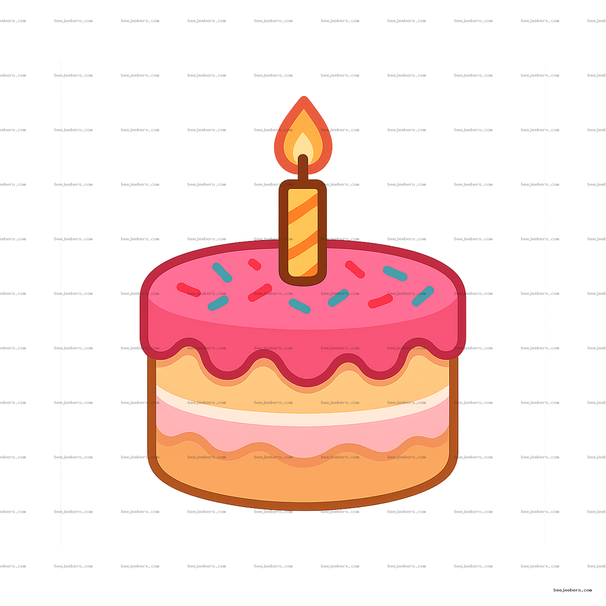 Vector illustration of a birthday cake slice with pink frosting, sprinkles, and a lit candle on transparent background