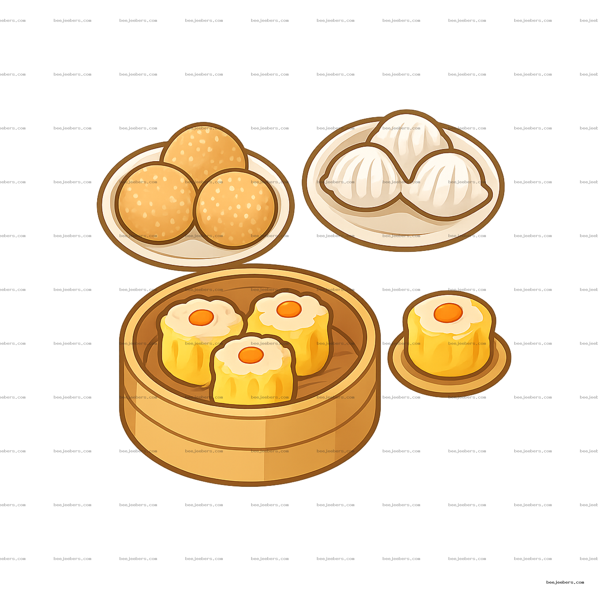 Vector clipart of assorted dim sum dishes on plates and bamboo steamers with transparent background