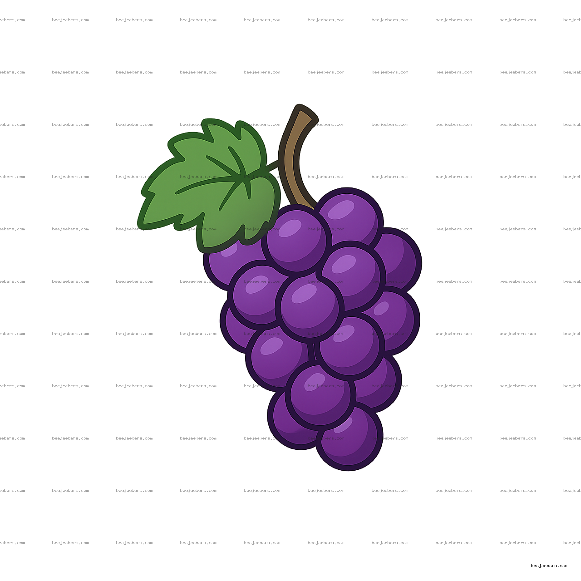 Clean vector purple grapes cluster with green leaf and brown stem on transparent background