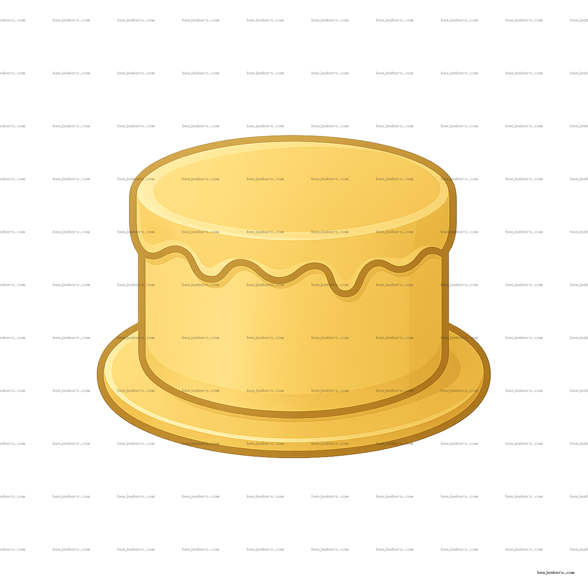 Clean vector gold cake with smooth icing and drip detail on a plate transparent background
