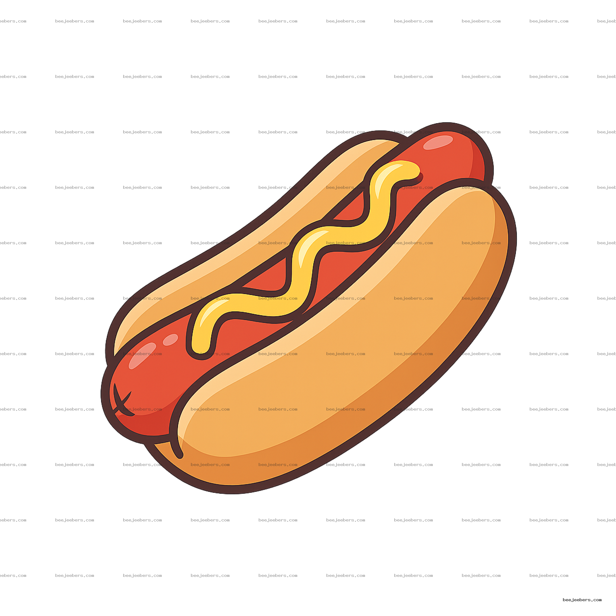 Clean vector hot dog illustration with bun and mustard on transparent background