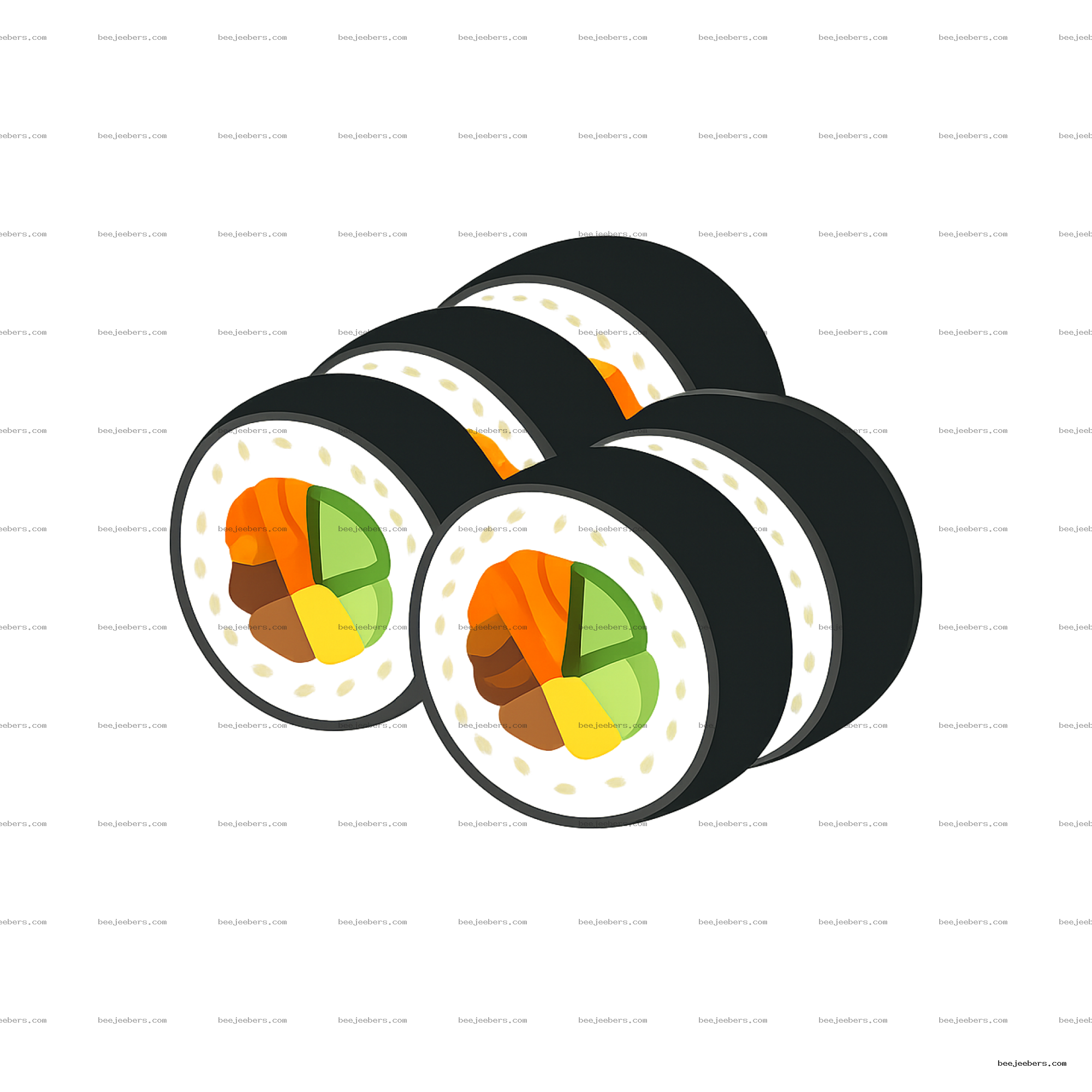 Vector PNG of three kimbap sushi rolls showing rice and vegetable fillings with transparent background