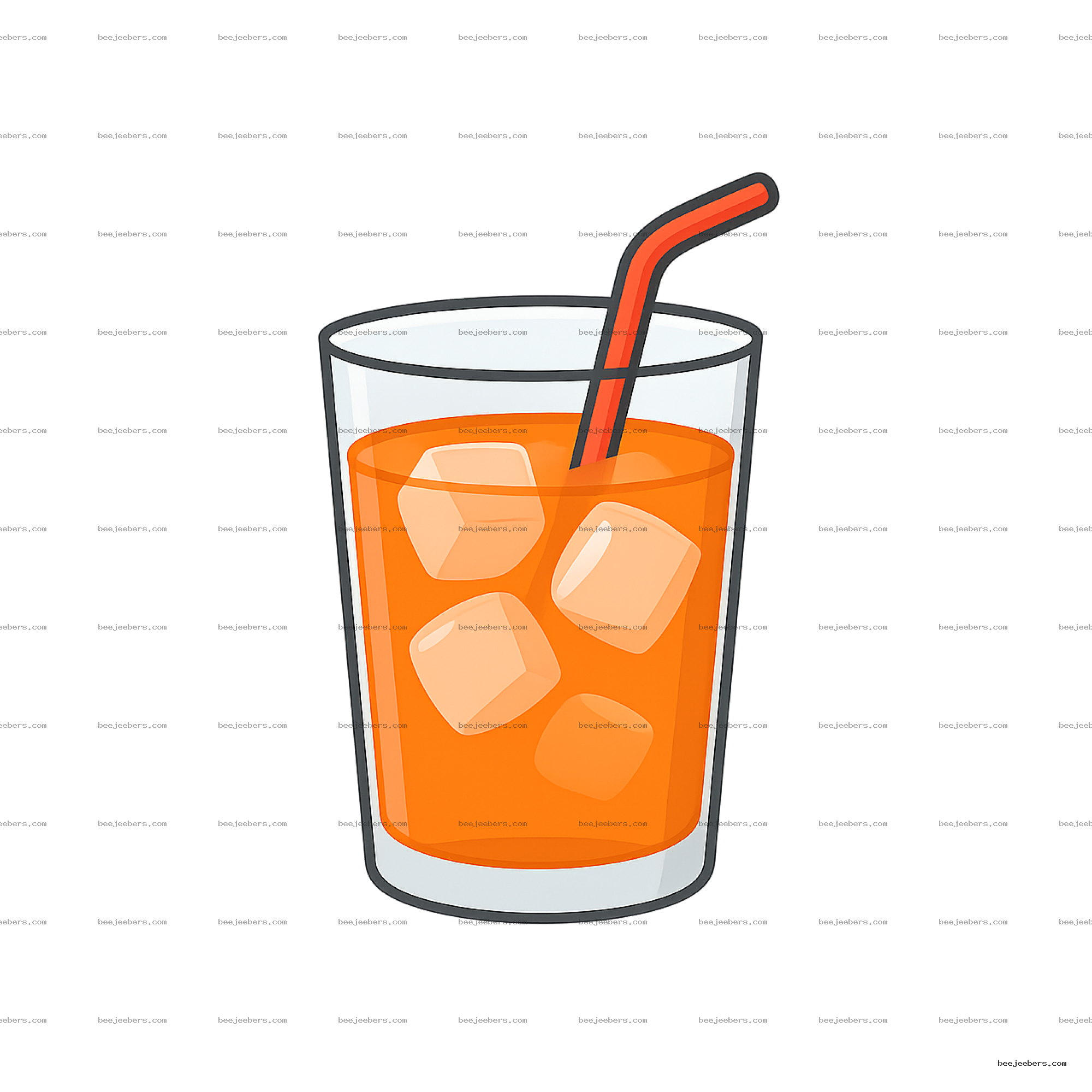 Clean vector PNG of a glass with orange drink, ice cubes, and a bent red straw