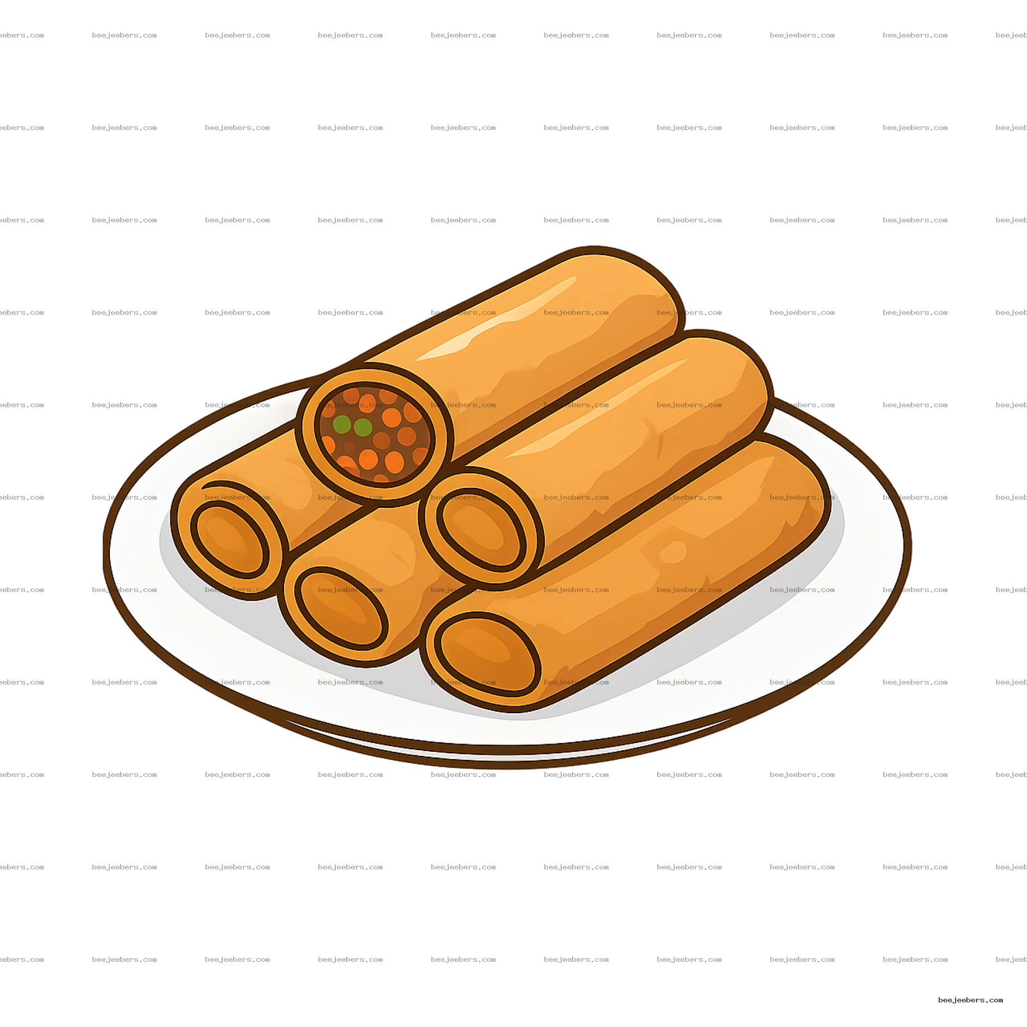 Vector PNG of a plate with golden lumpia shanghai spring rolls showing meat and vegetable filling