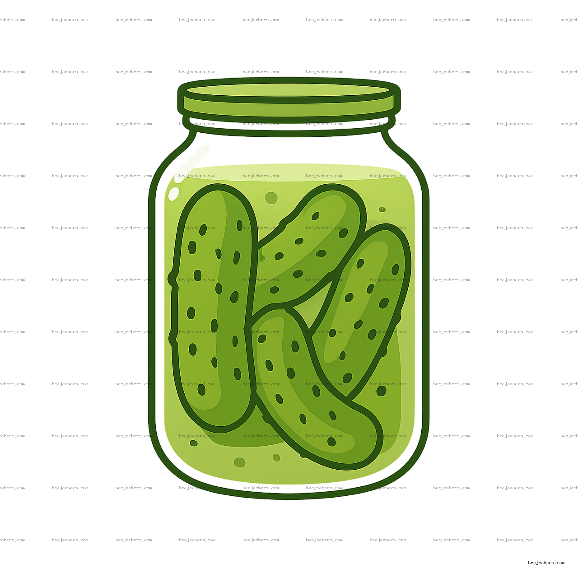 Vector illustration of a glass jar filled with green pickles and brine, with a green lid