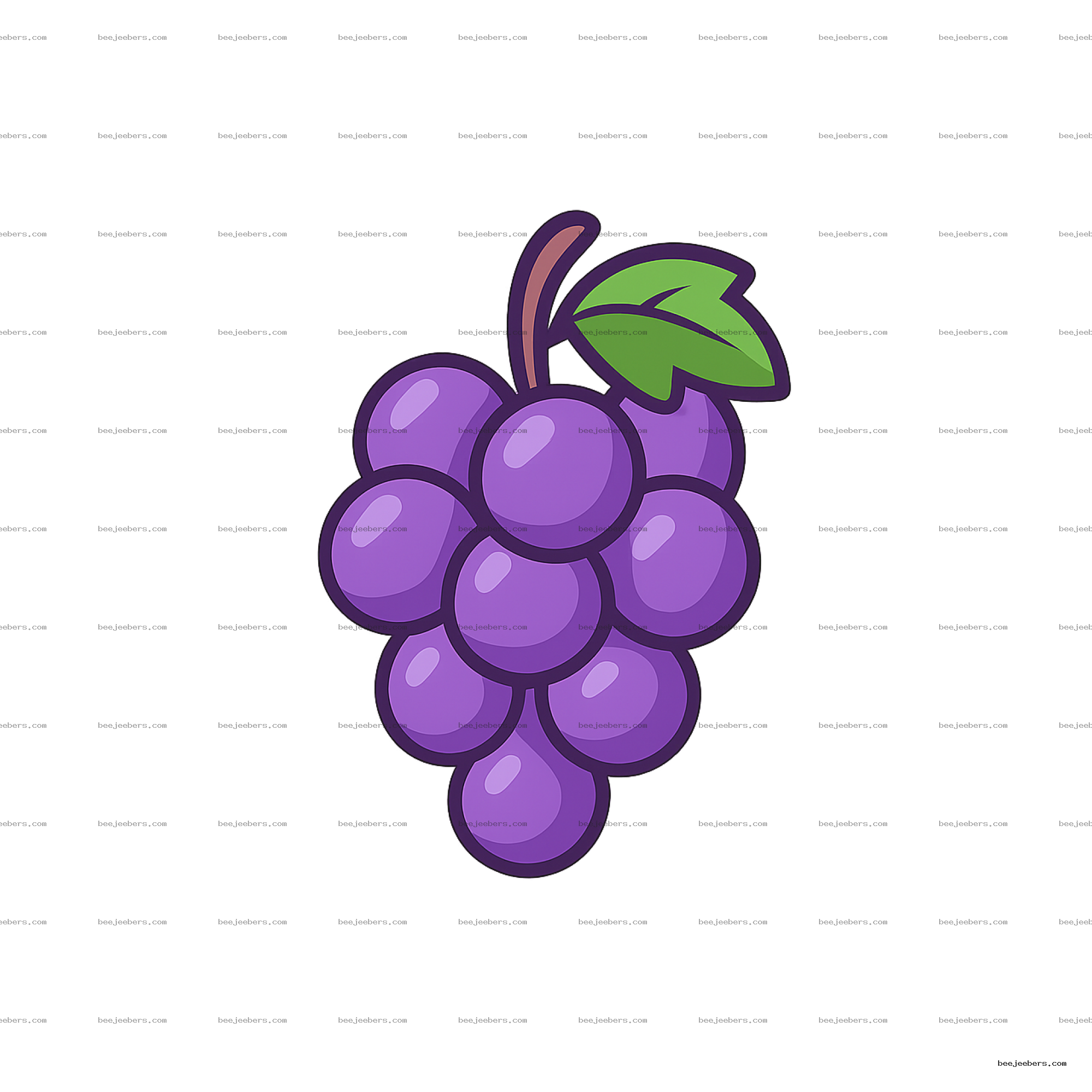 Clean vector illustration of a cluster of purple grapes with green leaf and brown stem on transparent background