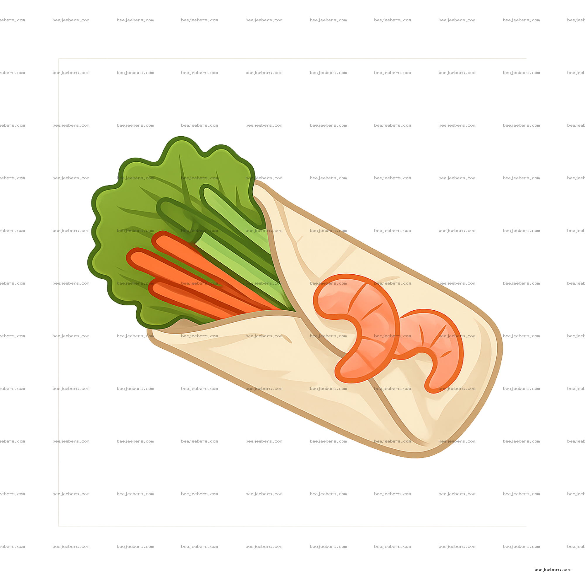 Vector illustration of a spring roll filled with shrimp, lettuce, carrot, and cucumber on transparent background