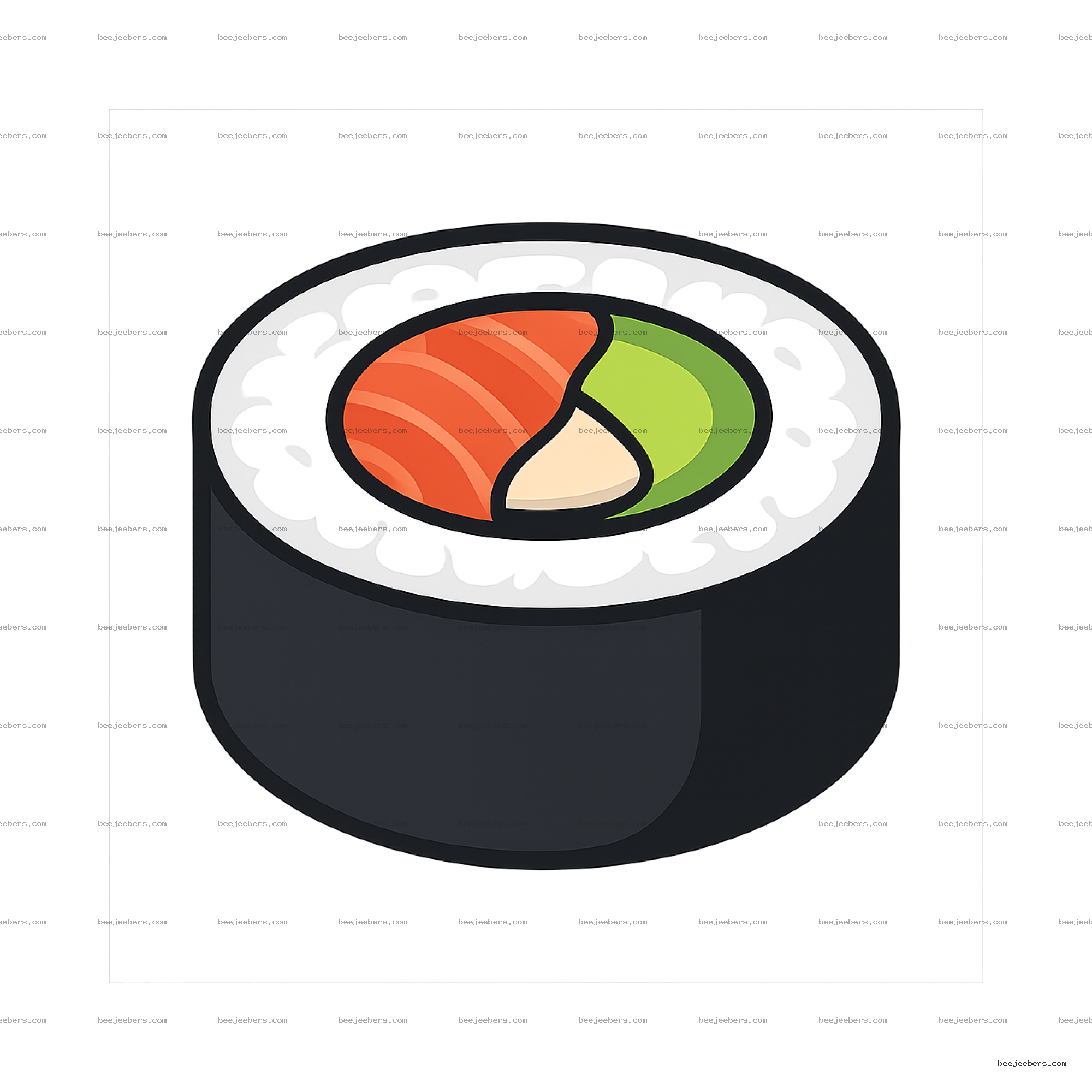 Clean vector sushi roll with salmon, avocado, and rice on transparent background