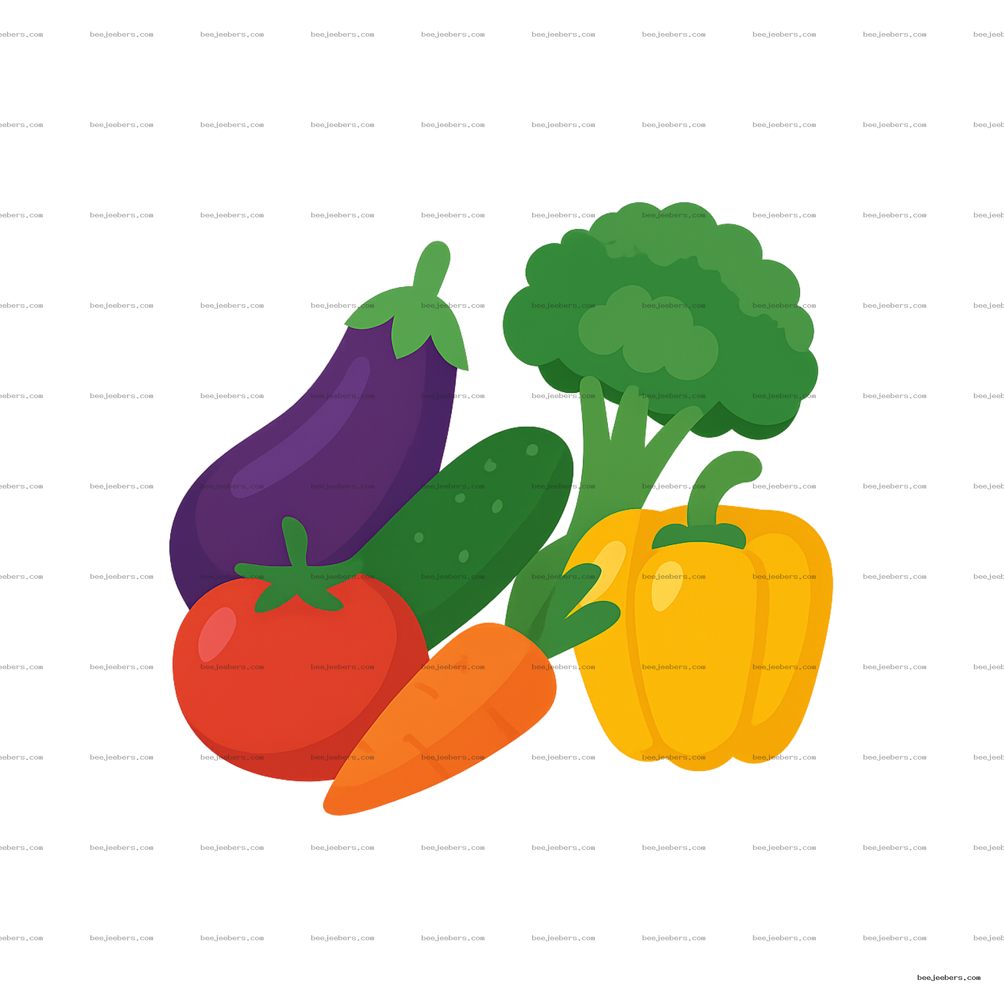 Vector PNG of colorful vegetables including eggplant, broccoli, tomato, carrot, cucumber, and yellow bell pepper on transparent background