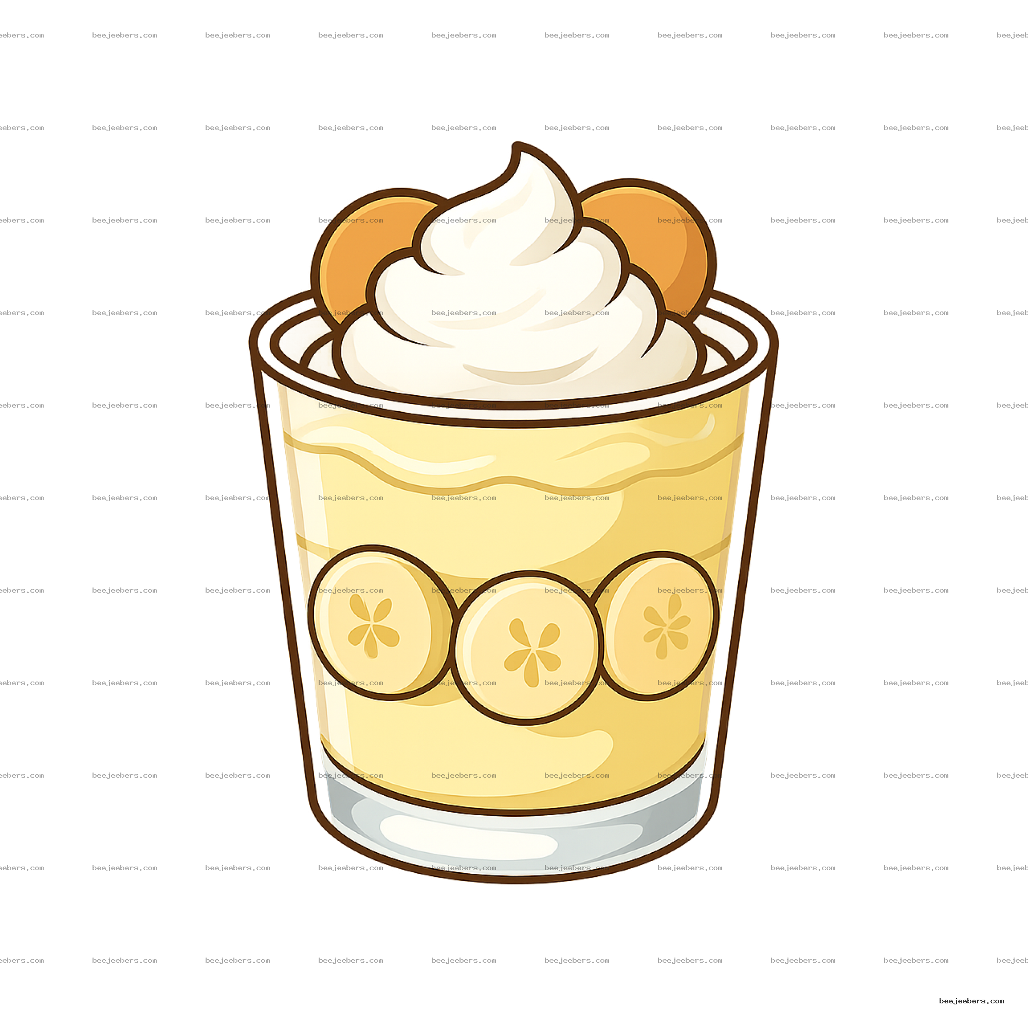 Vector illustration of banana pudding dessert in a glass with whipped cream and banana slices