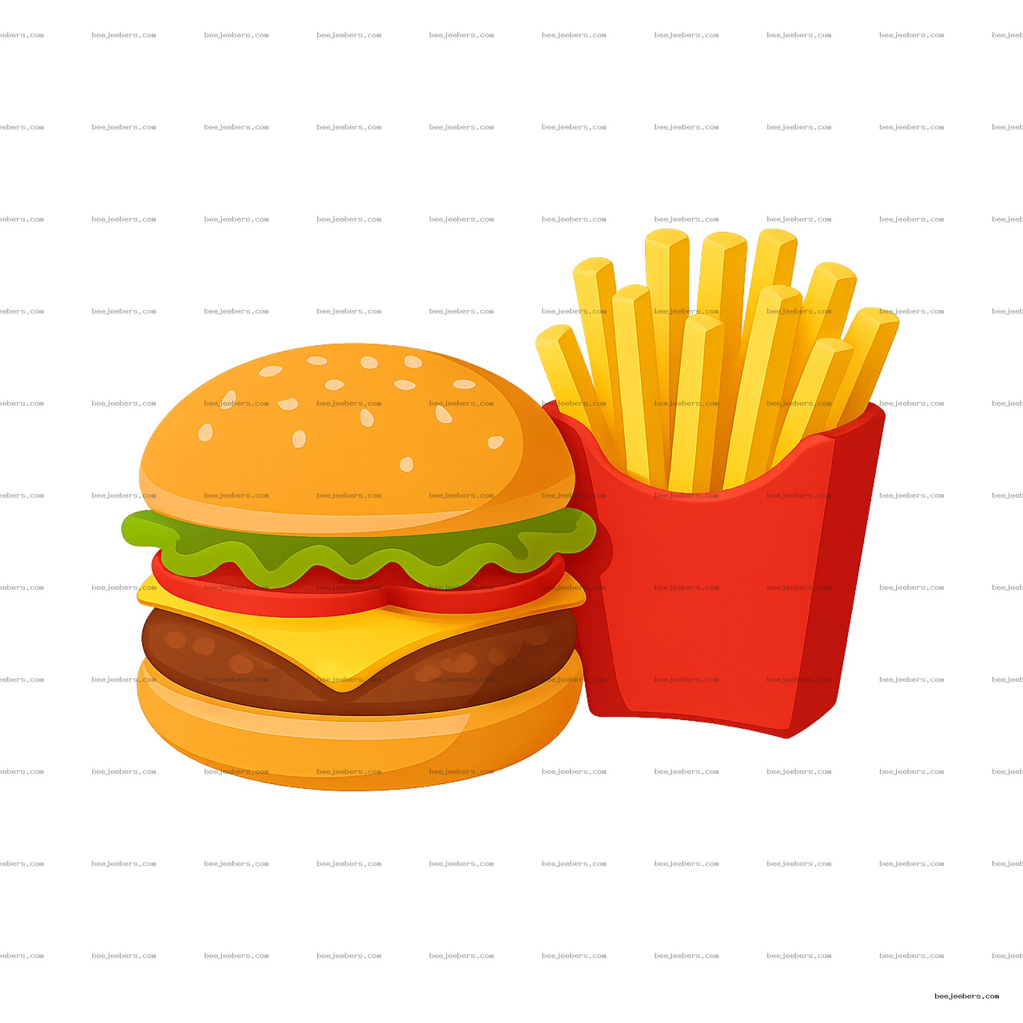Vector PNG of a cheeseburger with lettuce and tomato next to a red container of French fries
