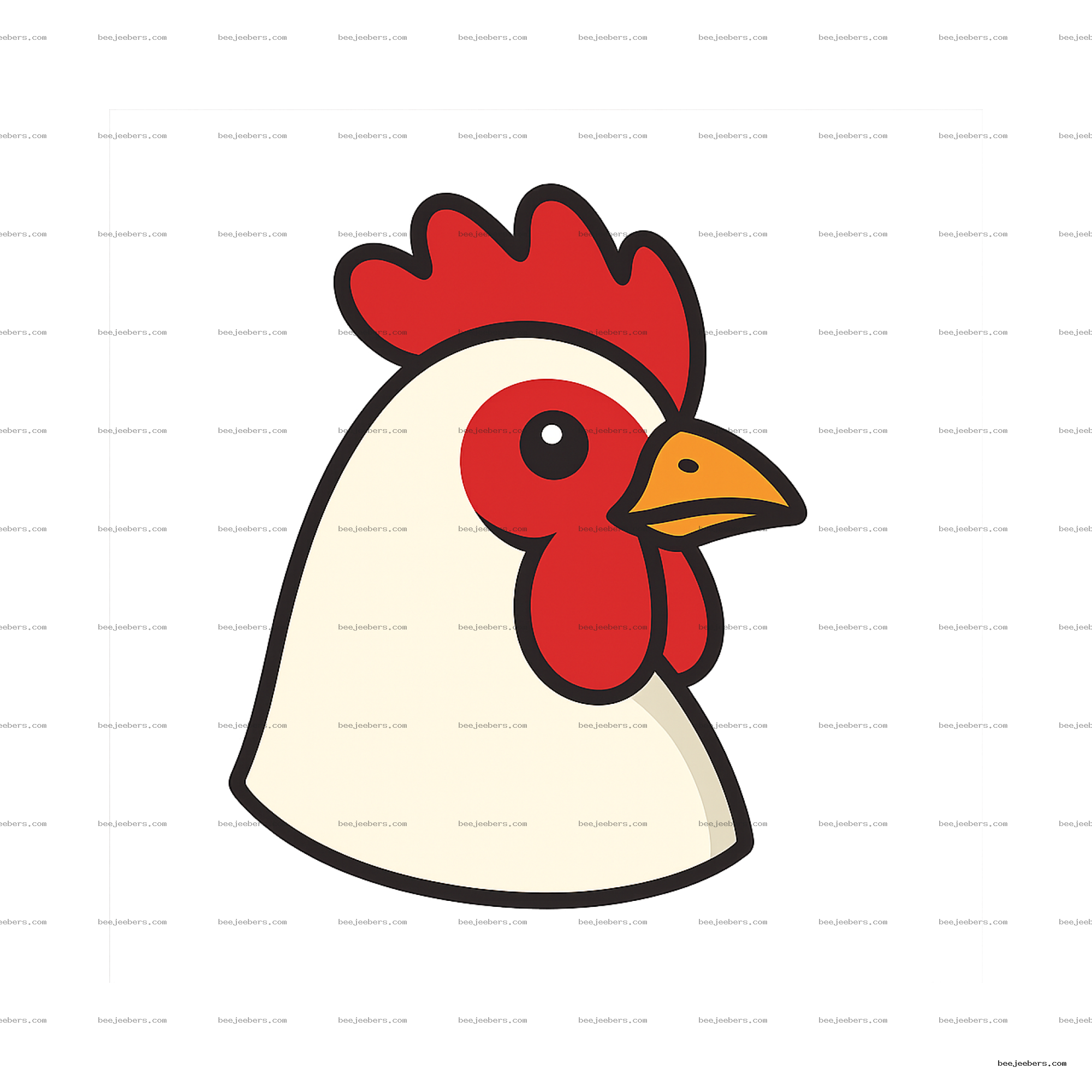 Vector illustration of a chicken head with red comb and orange beak on transparent background