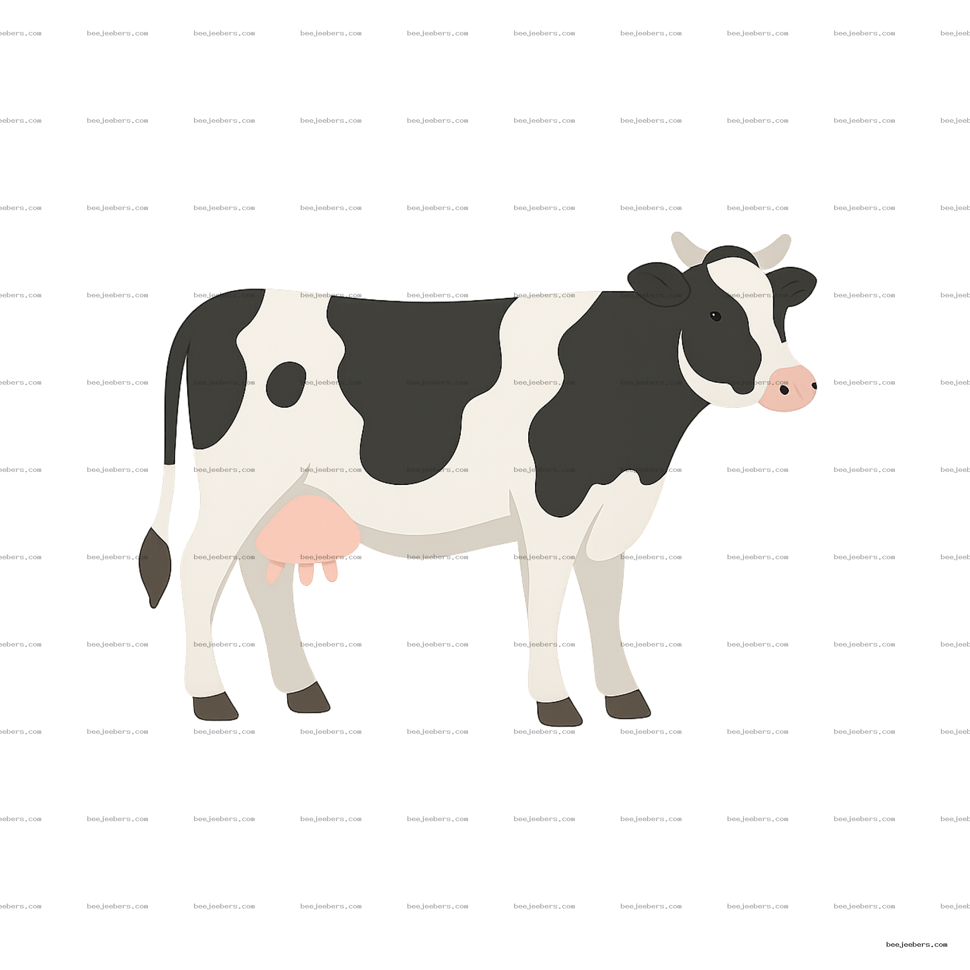 Clean vector illustration of a black and white dairy cow with pink udder on transparent background