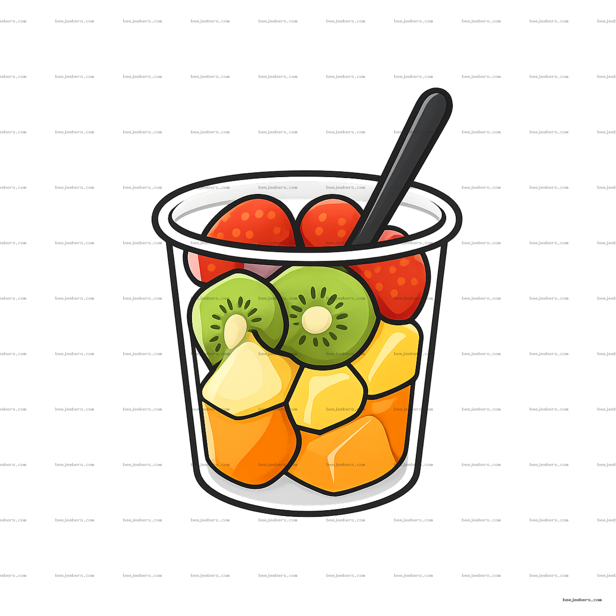 Vector clipart of a transparent fruit cup filled with sliced strawberries, kiwi, and mango with a spoon