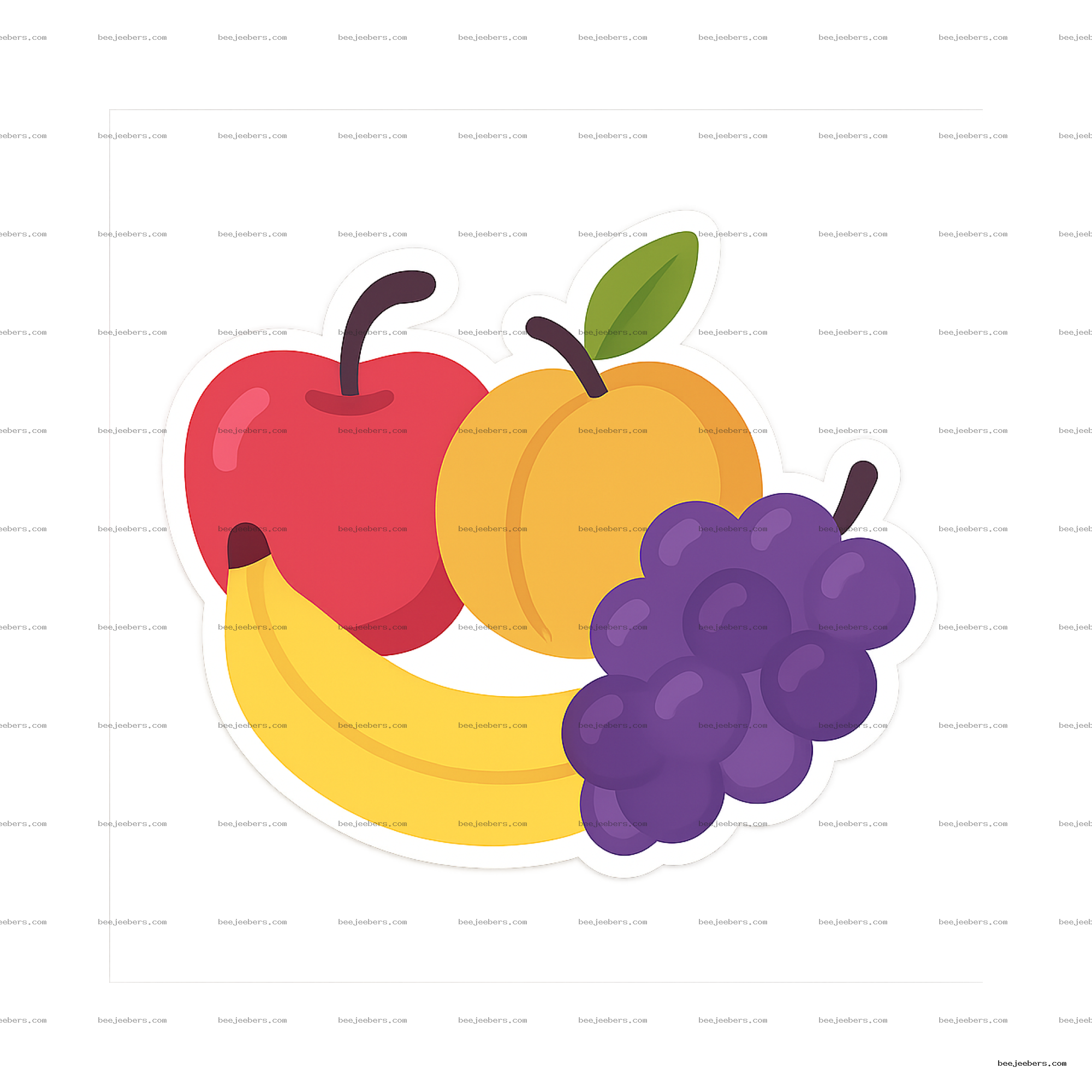 Vector fruit stickers including apple, apricot, banana, and grapes with transparent background