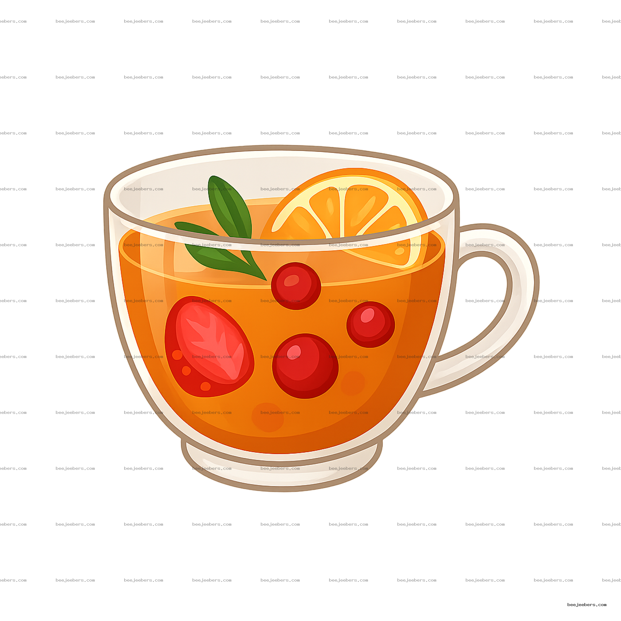 Transparent PNG of fruit tea in a clear cup with orange slice, red berries, and green leaves in clean vector style