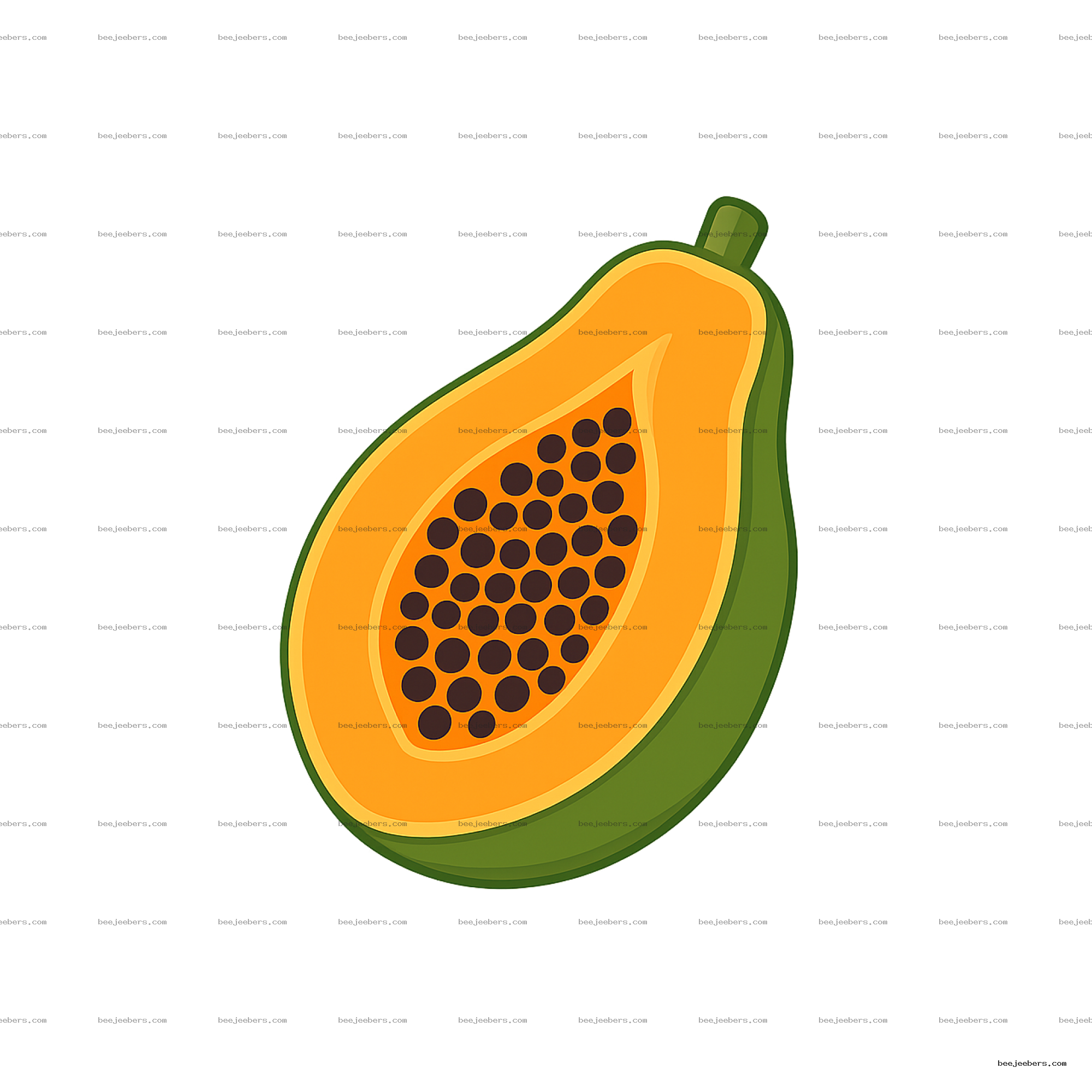 Clean vector half papaya clipart with orange flesh and seeds on transparent background