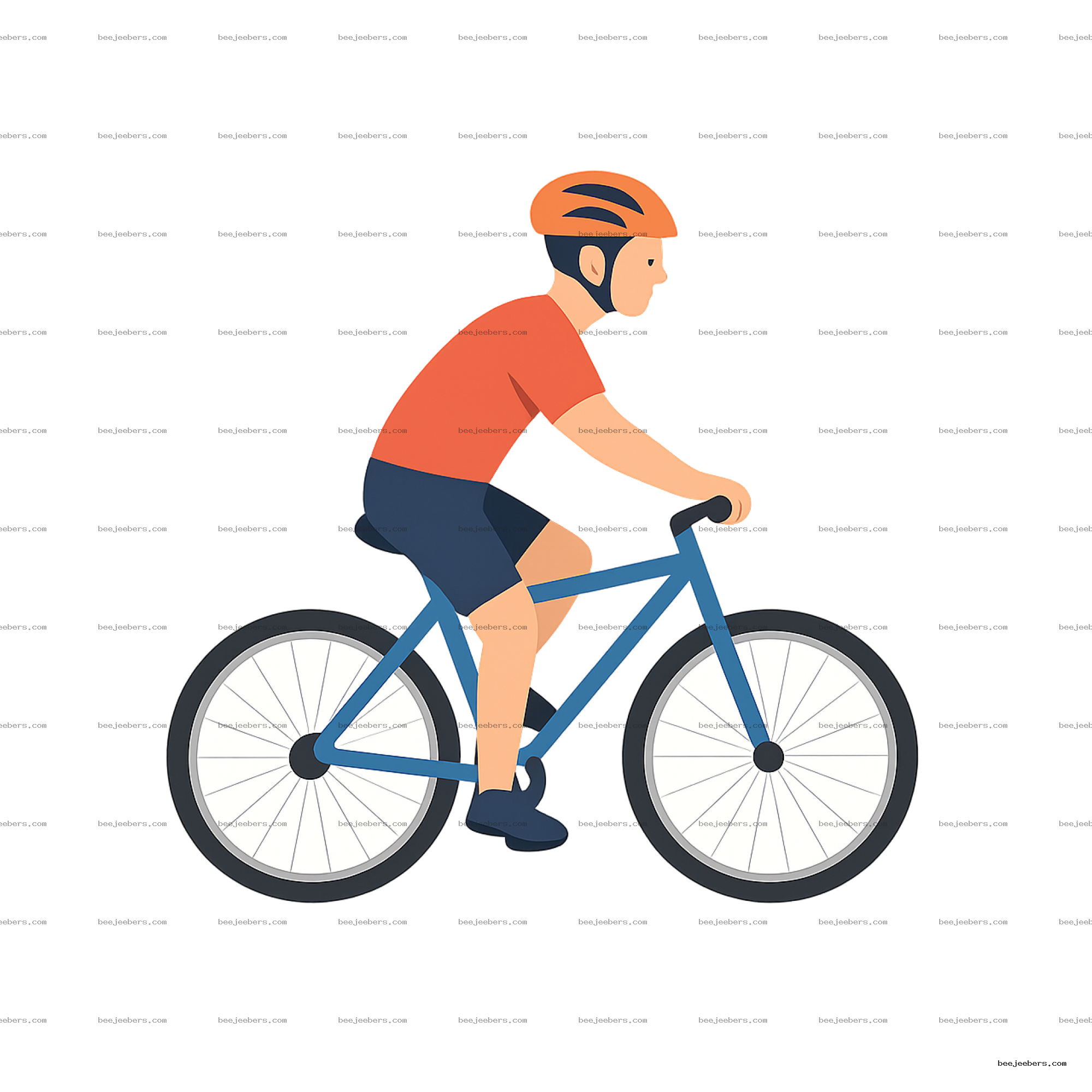 Clipart of cyclist in orange helmet and shirt riding blue bicycle side view transparent background