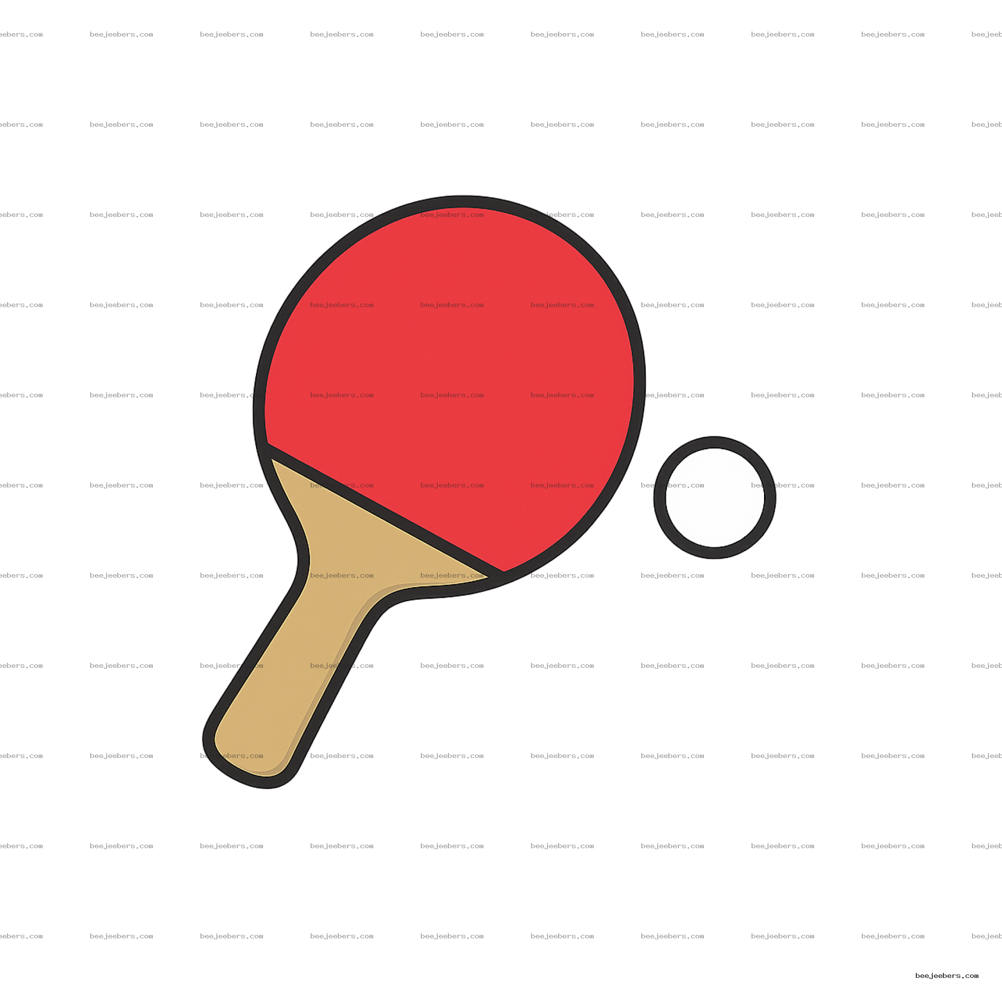 Vector clipart of a red ping pong paddle with wooden handle and white ball on transparent background
