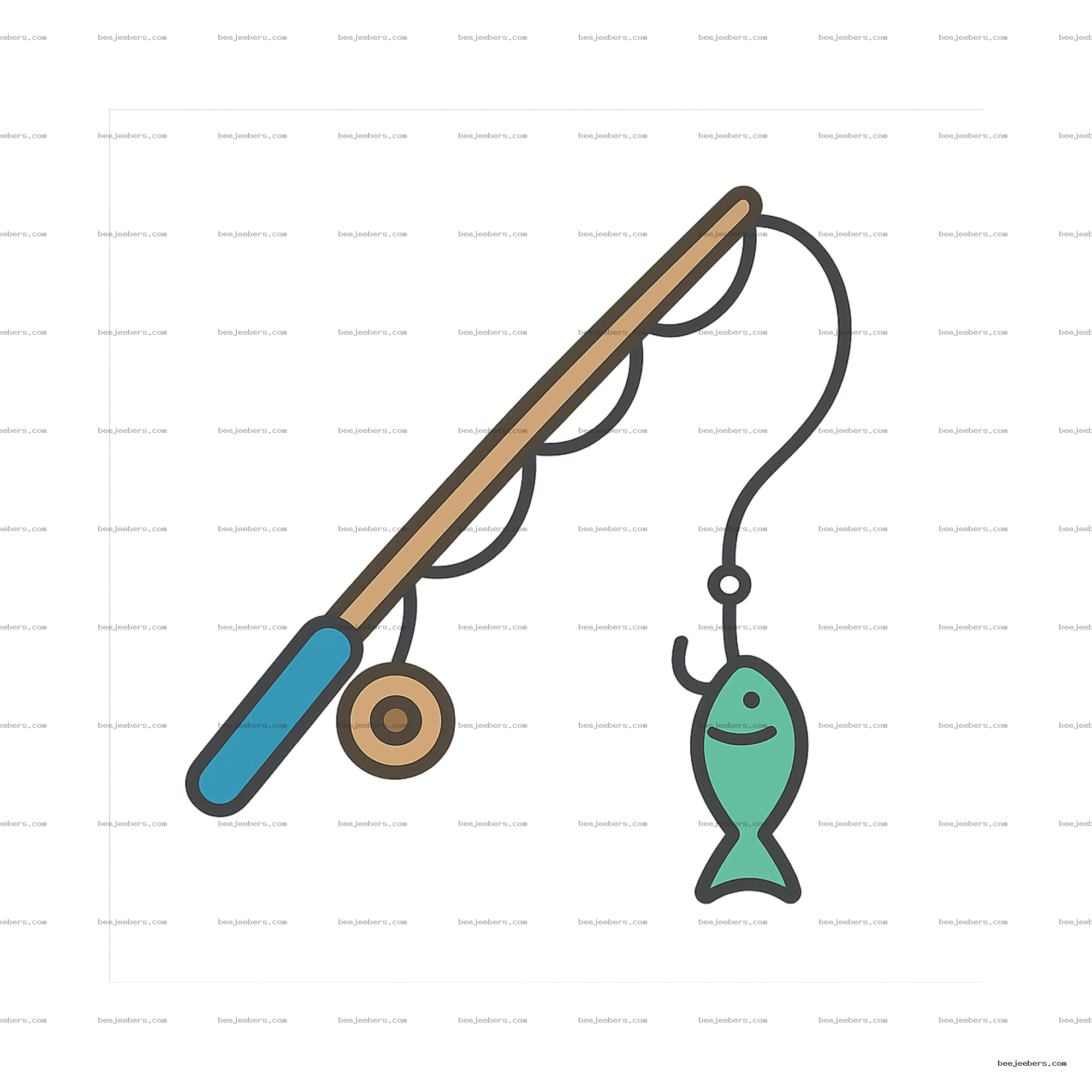 Clean vector PNG of fishing rod with a fish hooked on the line, ideal for digital design projects