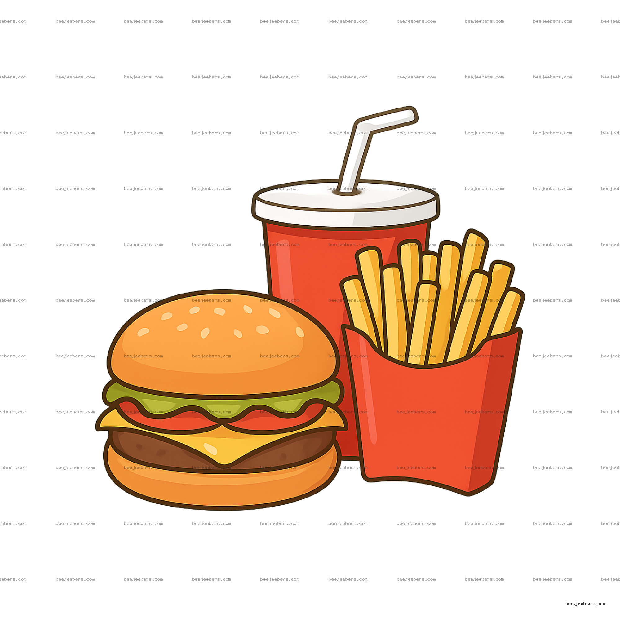 Vector illustration of a cheeseburger, French fries, and soda cup with straw in fast food style