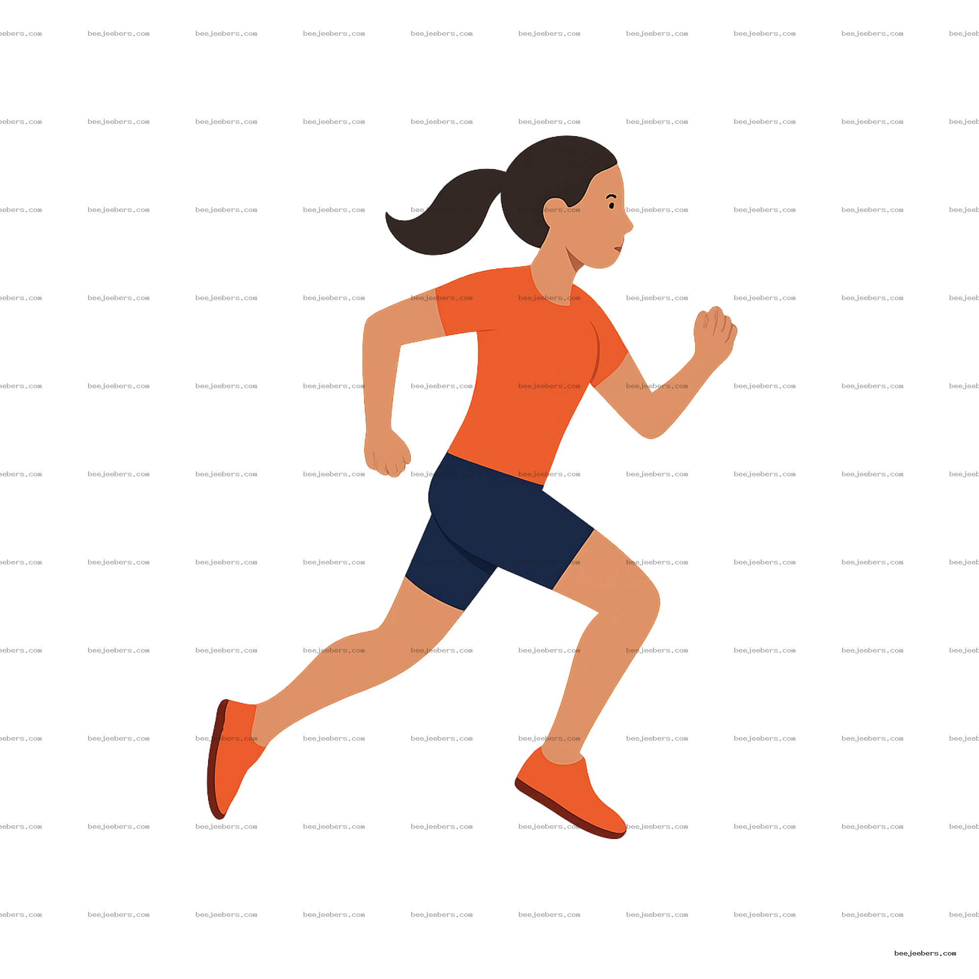 Clean vector PNG of a woman running in an orange shirt and navy shorts with transparent background