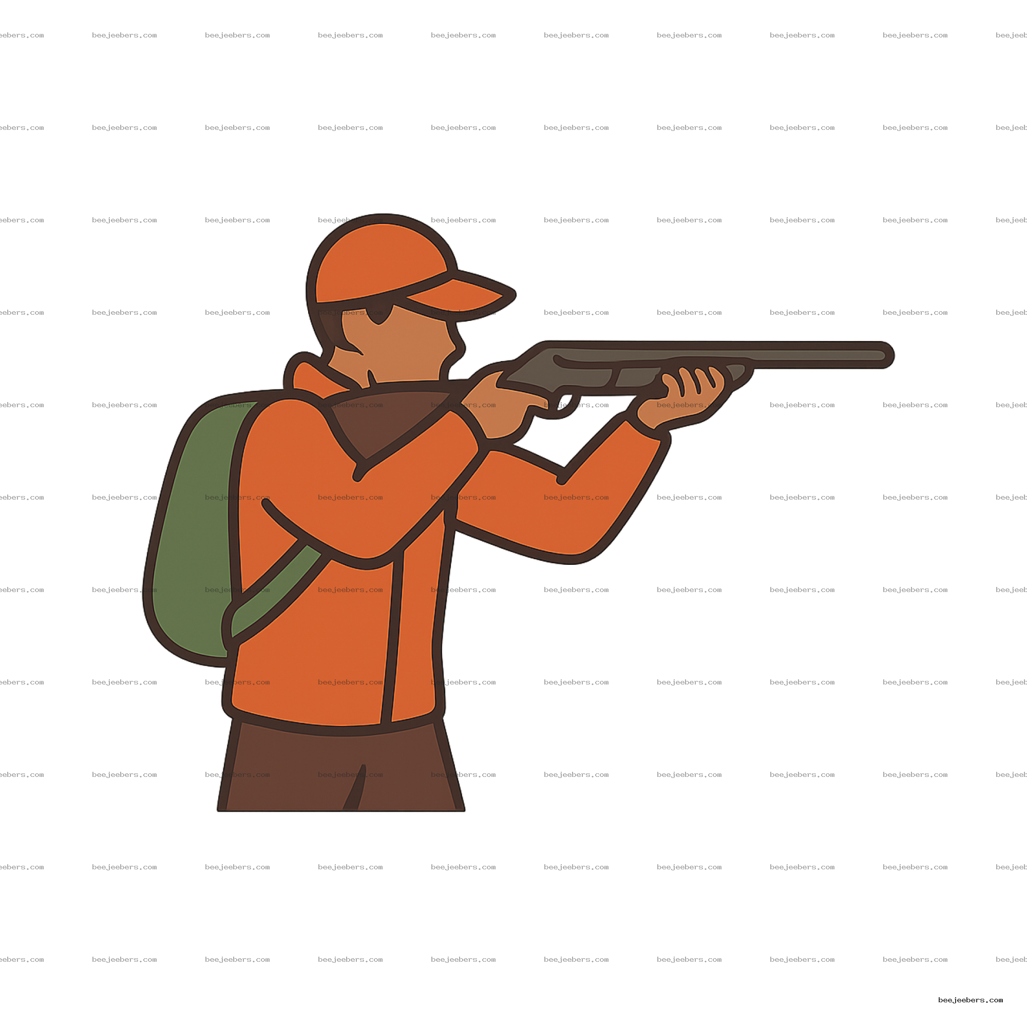 Vector PNG of a hunter in orange aiming a shotgun with a green backpack