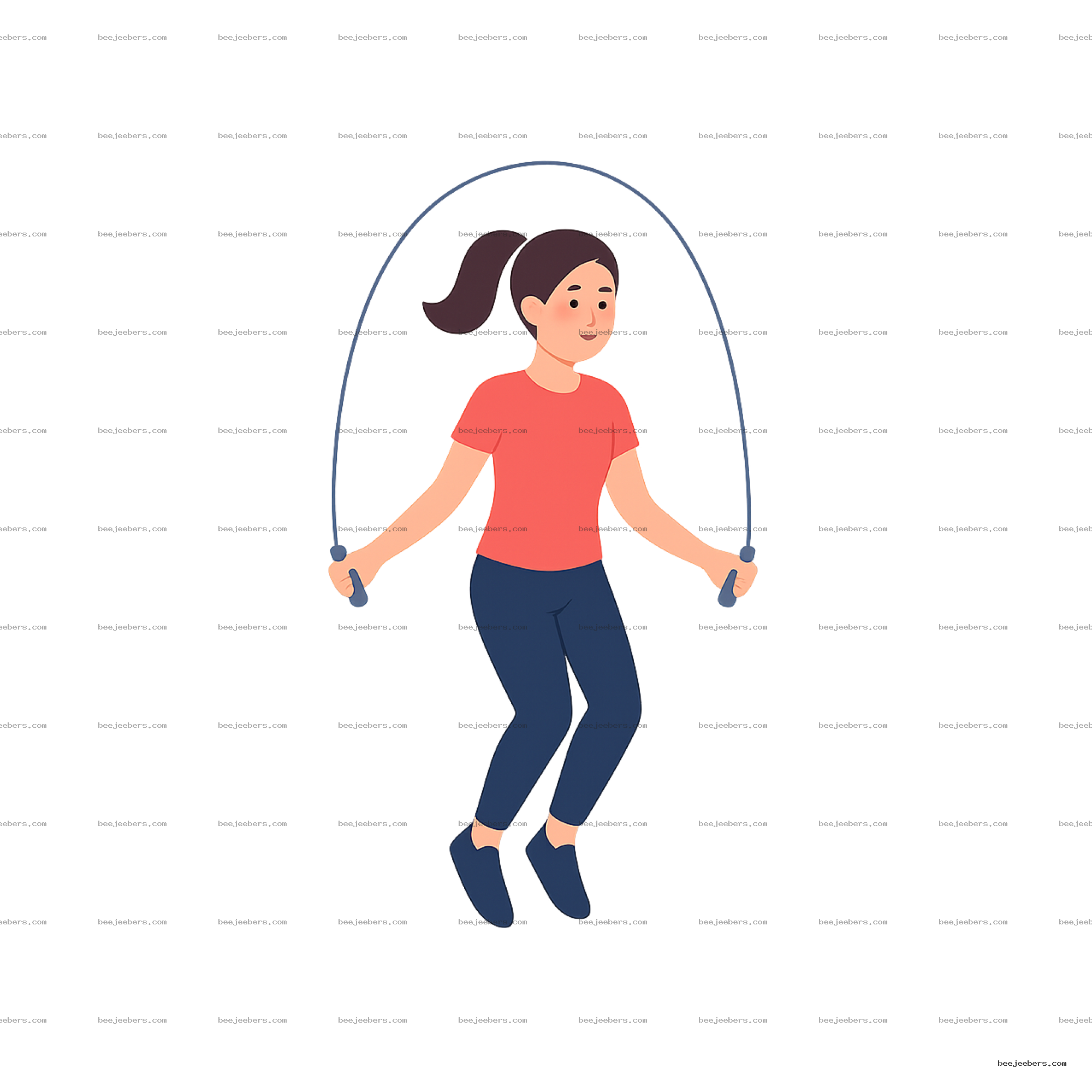 Vector illustration of woman jumping rope in red shirt and navy pants with transparent background