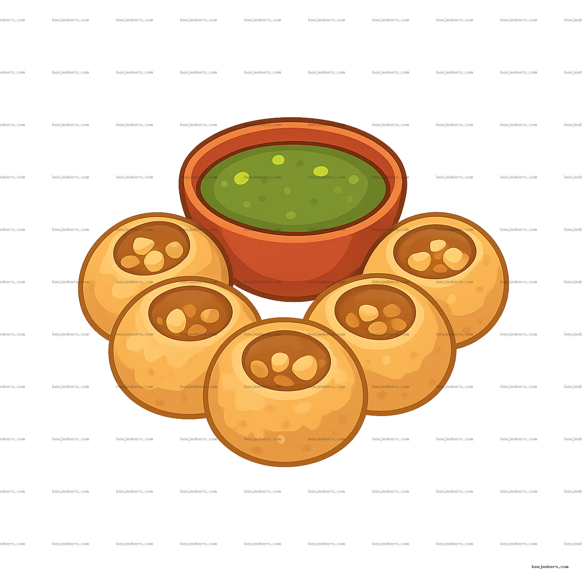 Vector PNG of pani puri snacks arranged around a bowl of green chutney on transparent background
