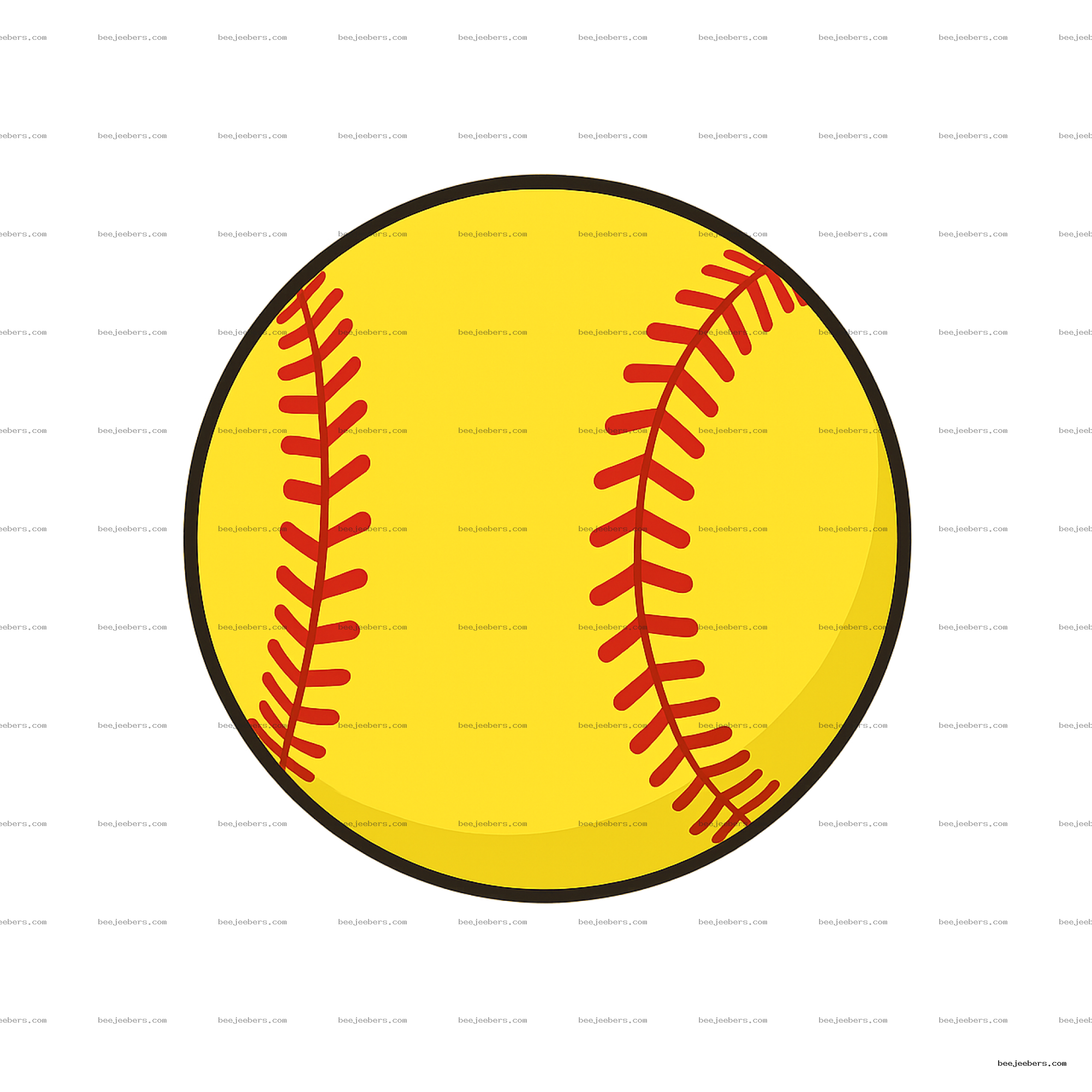 Vector illustration of yellow softball with red stitching on transparent background