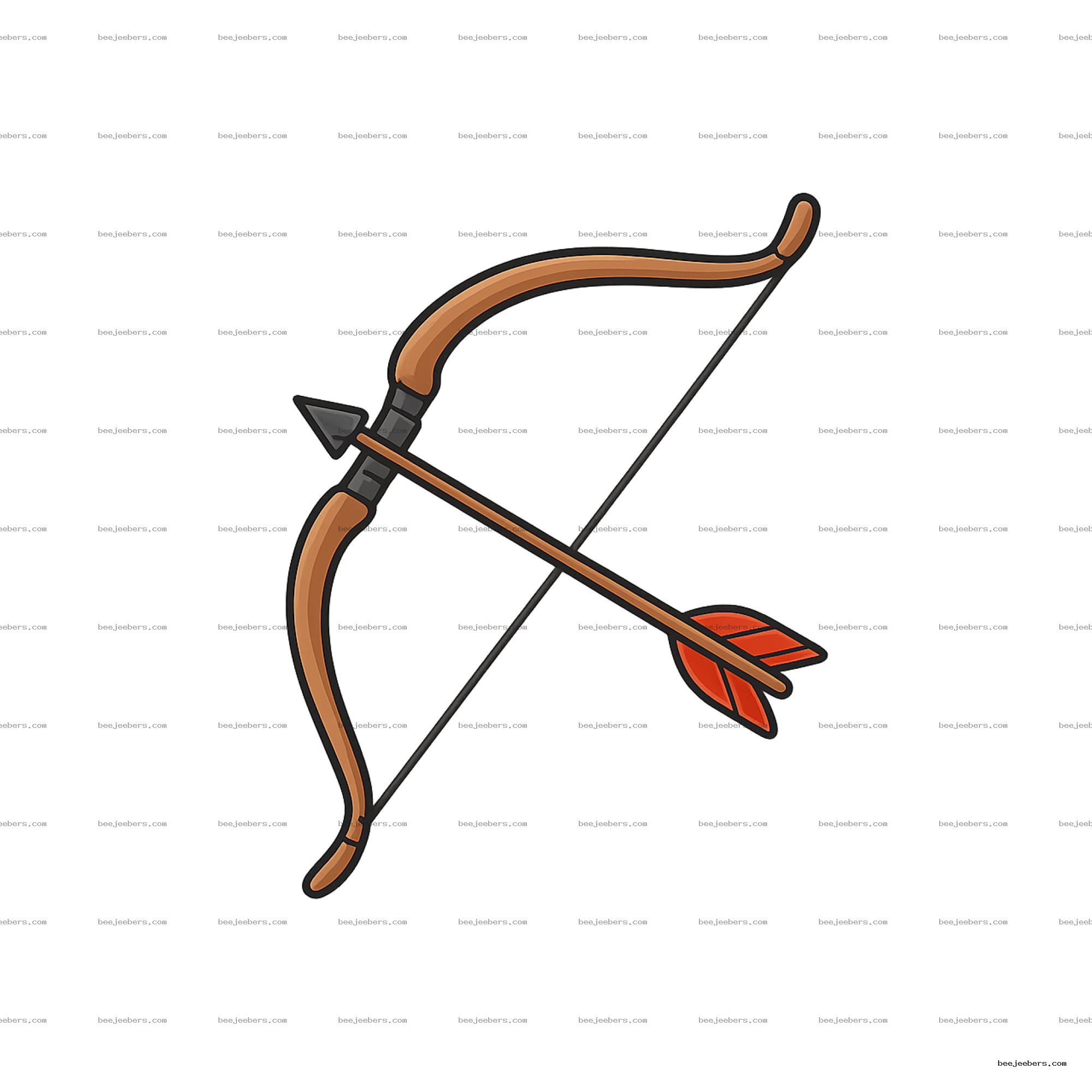 Clean vector PNG of a wooden archery bow with black string and orange feather arrow