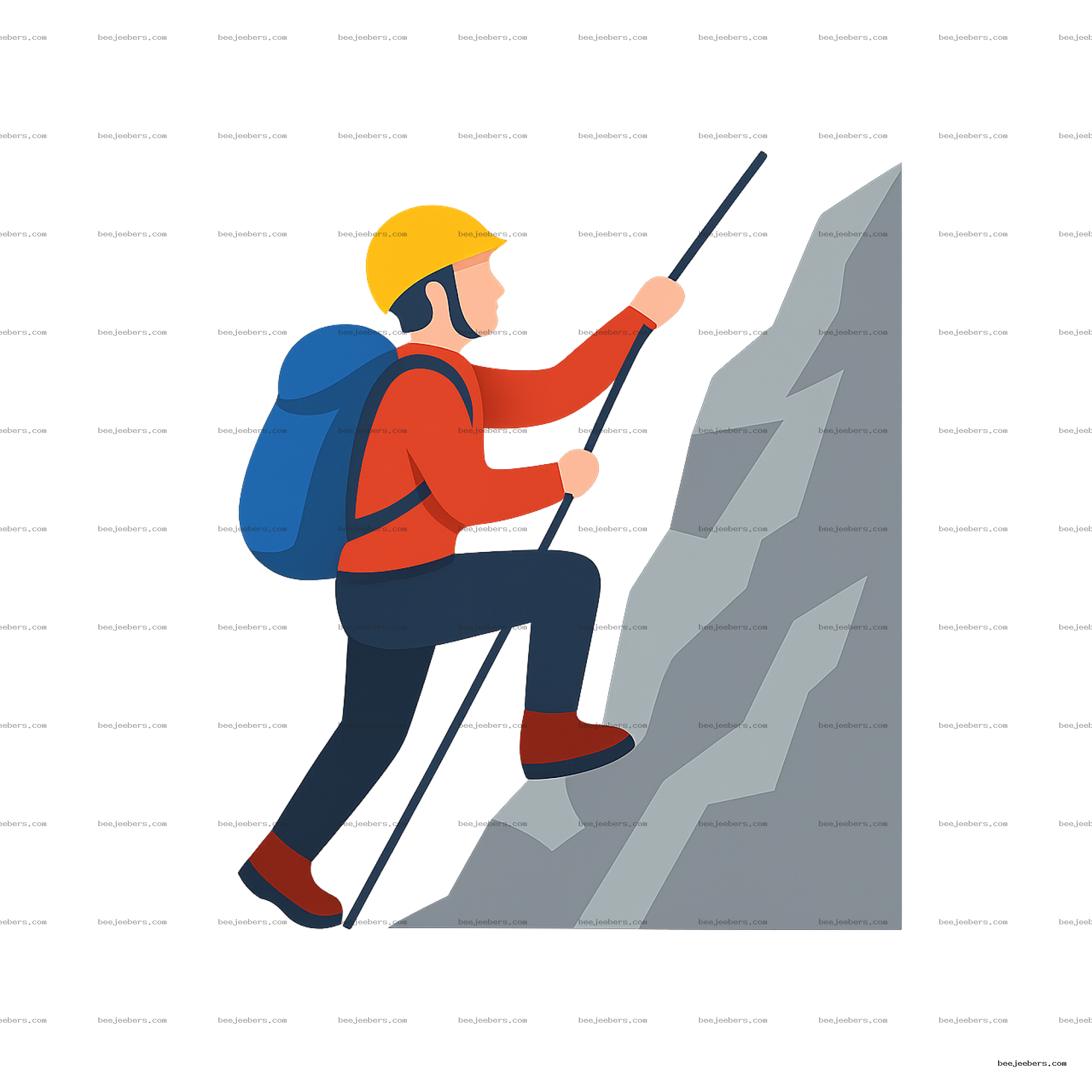 Vector mountain climber with yellow helmet and blue backpack climbing a rocky gray cliff with climbing ropes