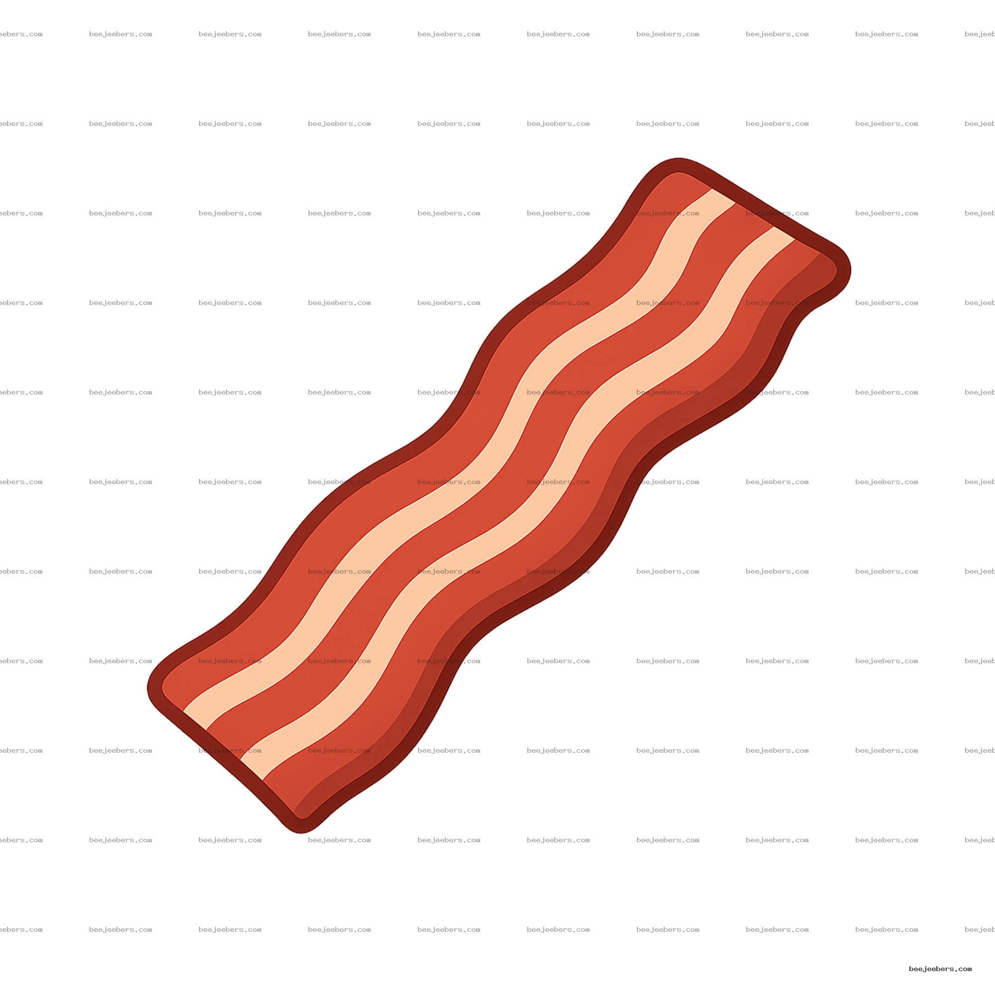 Clean vector illustration of a single strip of bacon with wavy red and beige stripes on transparent background