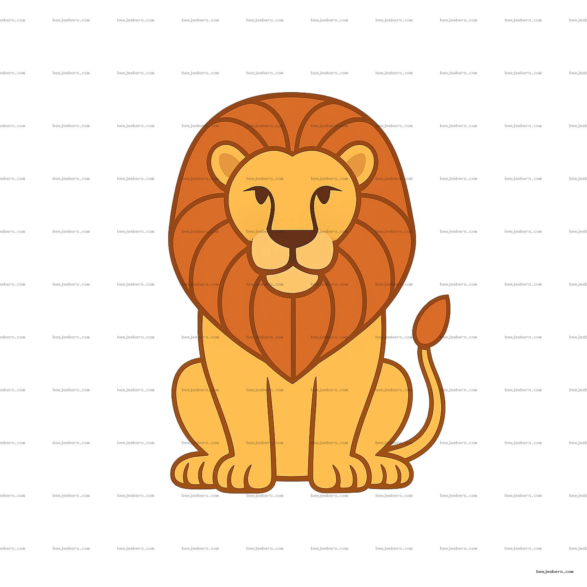 Clean vector cartoon lion sitting facing forward with rounded mane on transparent background
