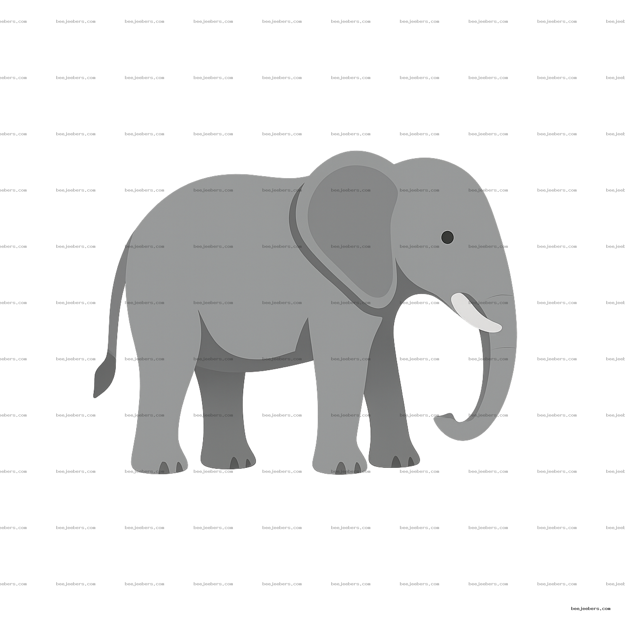 Clean vector illustration of a gray elephant with tusks and large ears in side profile on transparent background