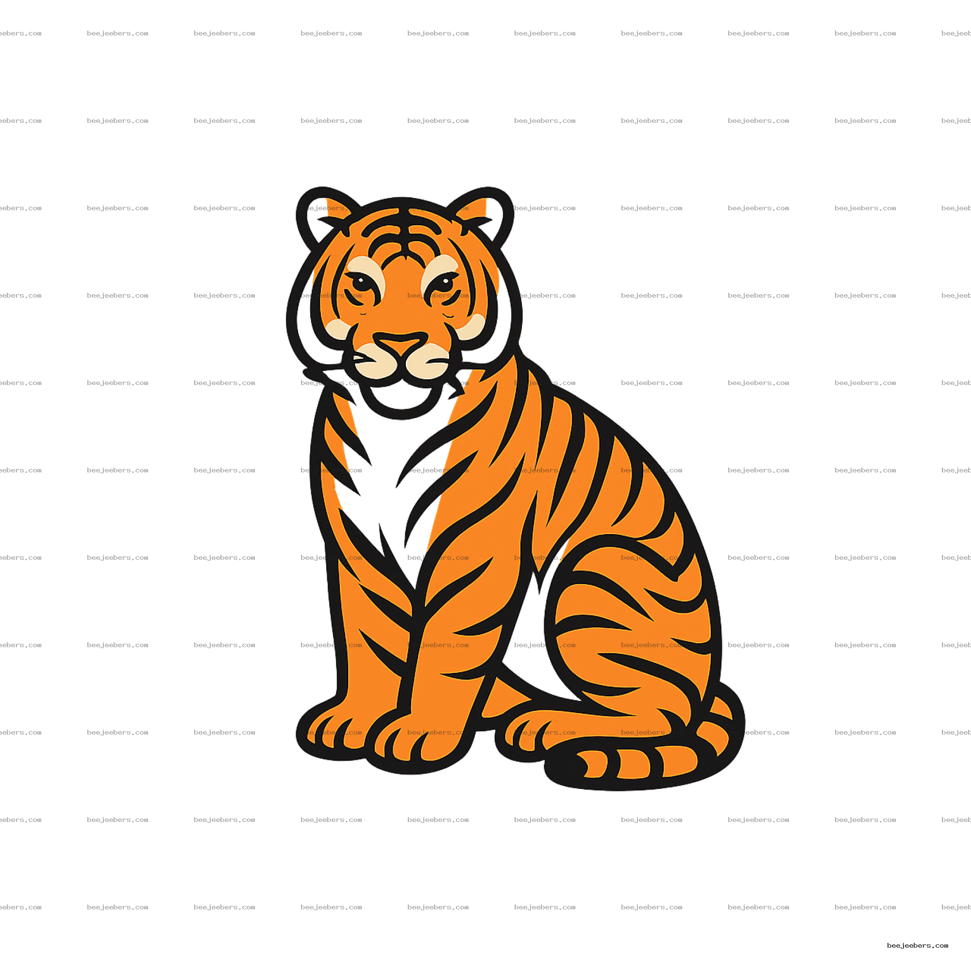 Clean vector illustration of an orange and black striped tiger sitting with a transparent background