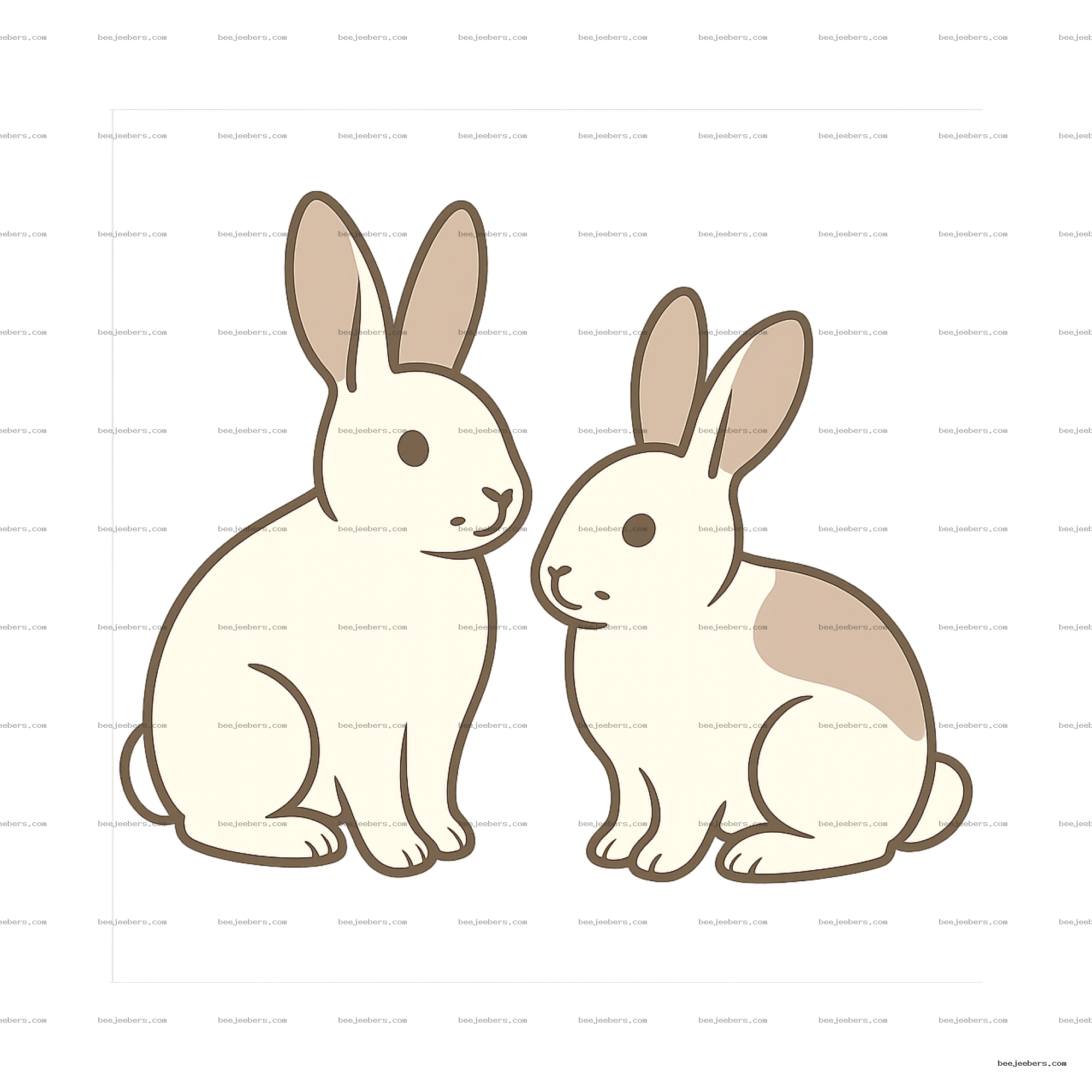 Clean vector PNG illustration of two sitting bunnies facing each other with a transparent background