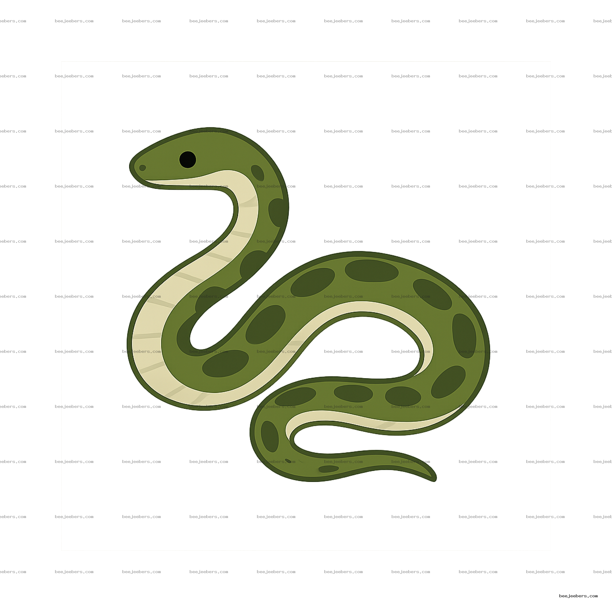 Cartoon green snake with dark spots and cream underside in clean vector style on transparent background