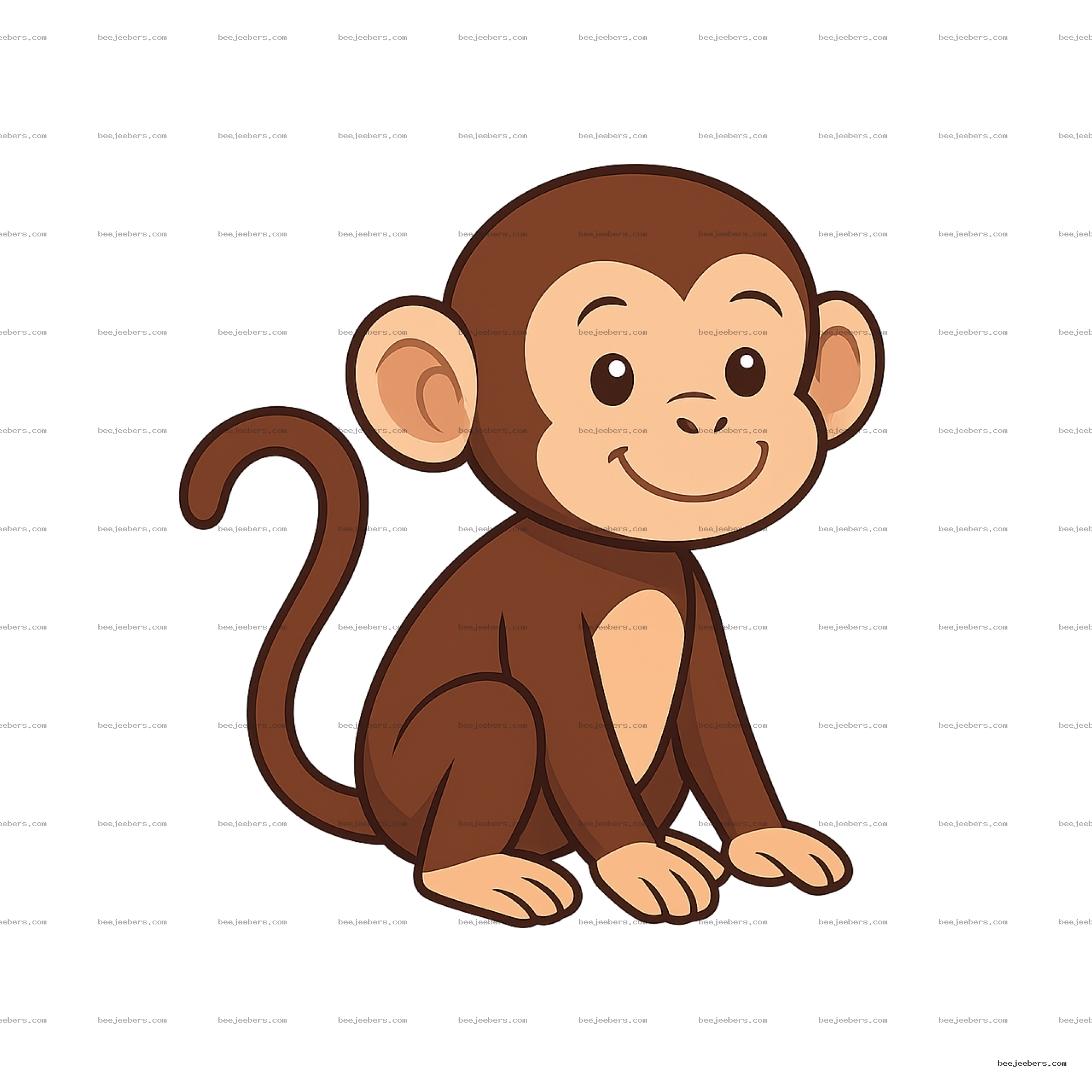 Cute cartoon monkey sitting with a smile in clean vector style, transparent background