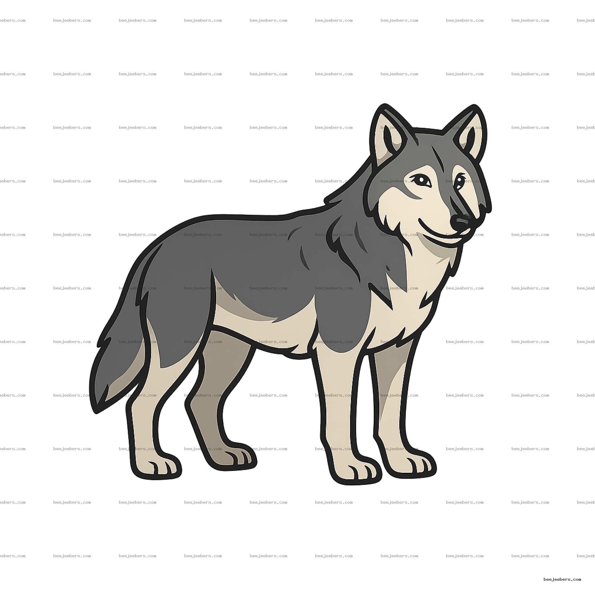 Clean vector illustration of a standing wolf in shades of gray and cream with transparent background