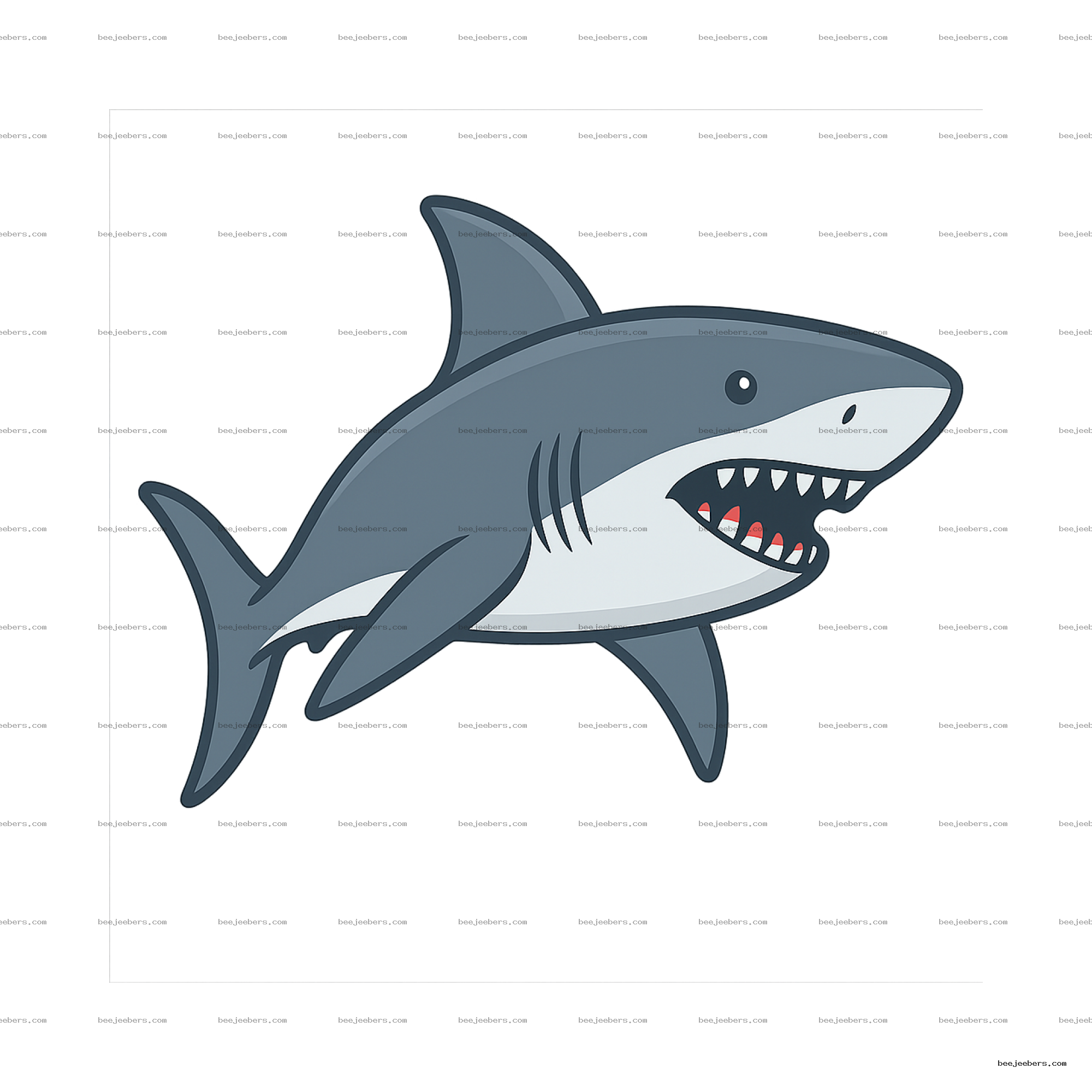 Cartoon great white shark with open mouth in clean vector style, transparent background PNG