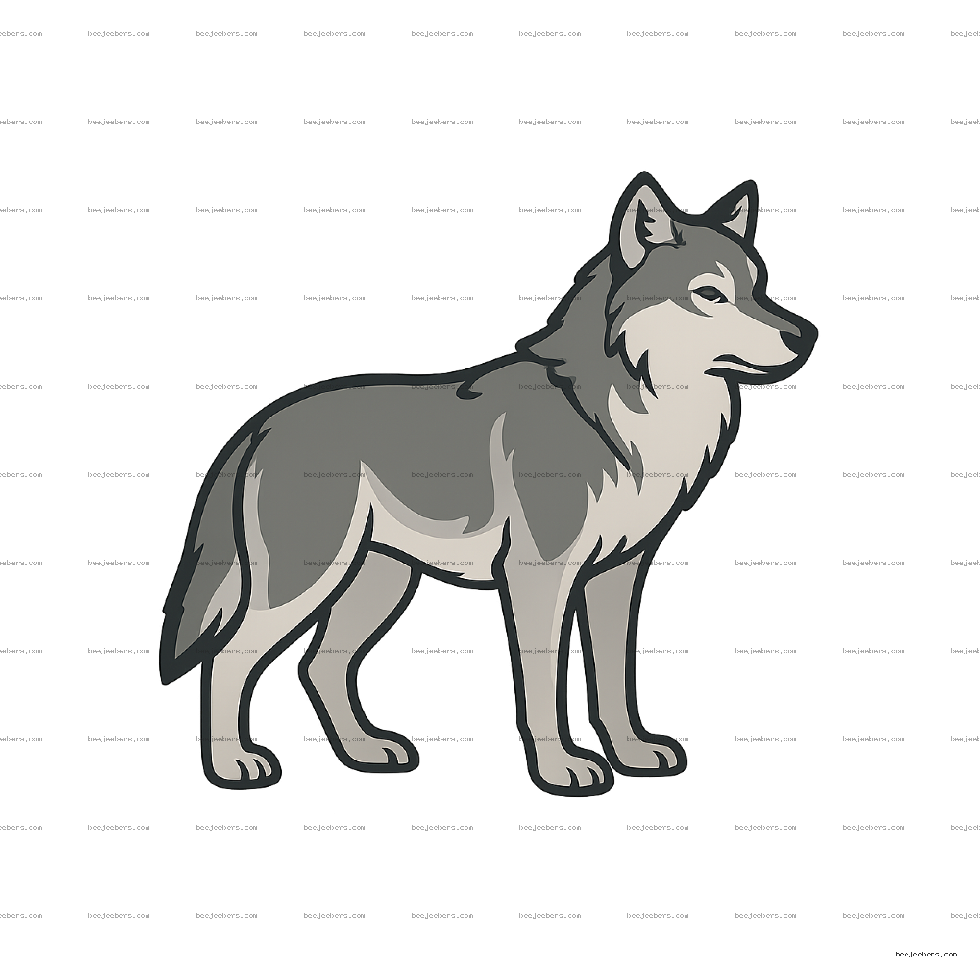 Clean vector illustration of a grey and white wolf standing in side profile with transparent background