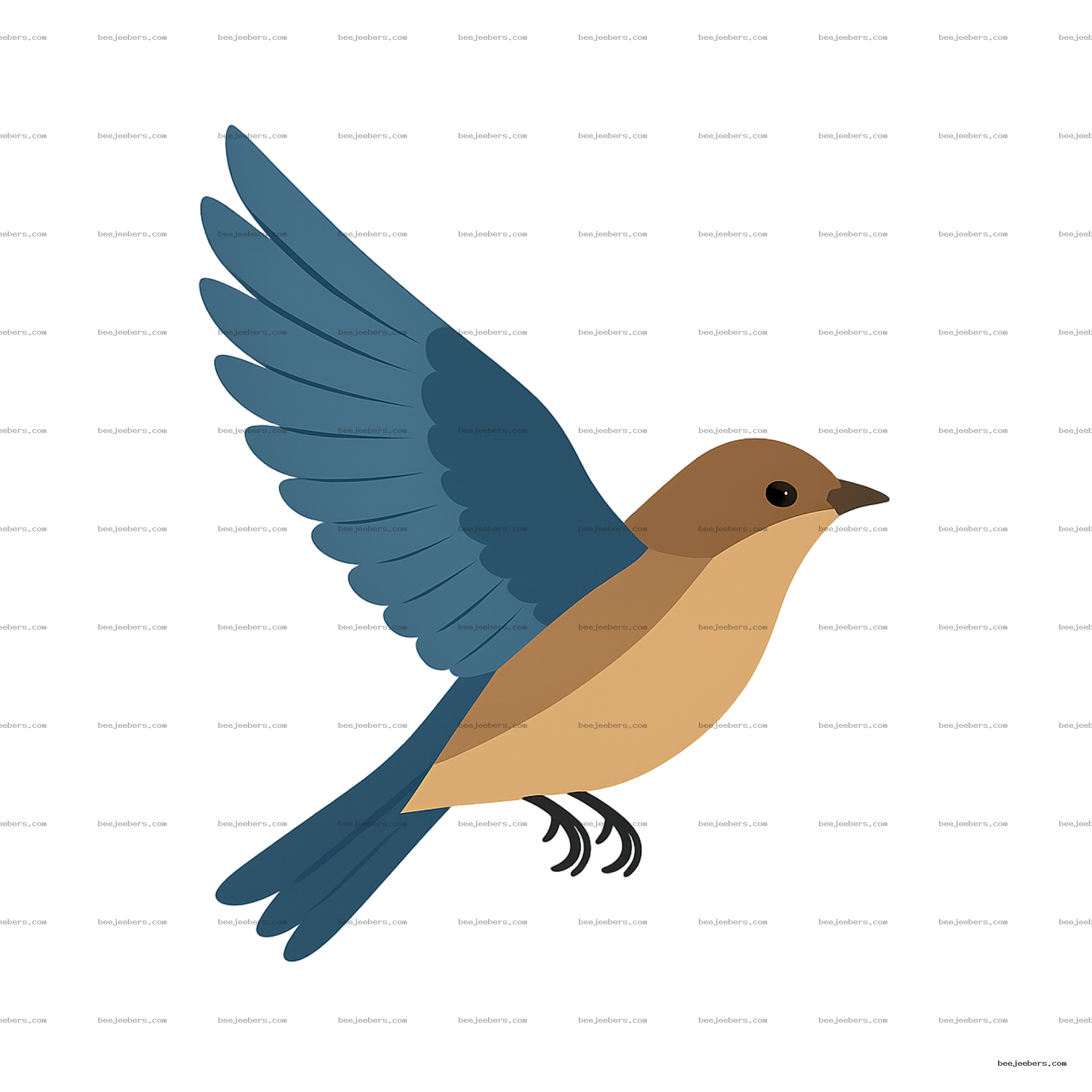 Vector illustration of a brown and blue bird flying with wings spread on transparent background