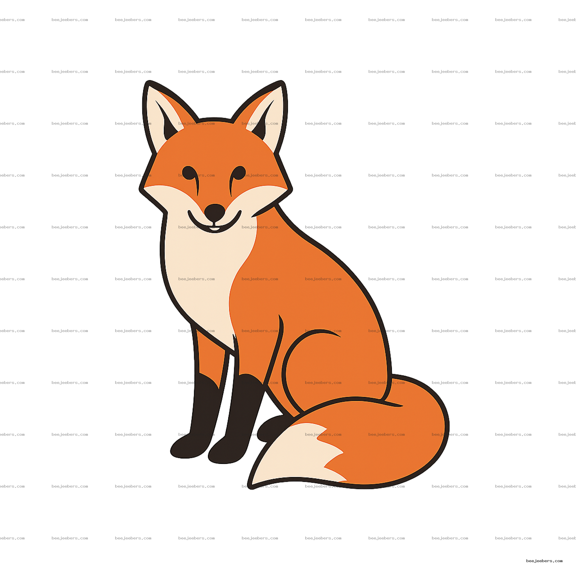 Clean vector illustration of a sitting fox with orange, white, and black colors on transparent background