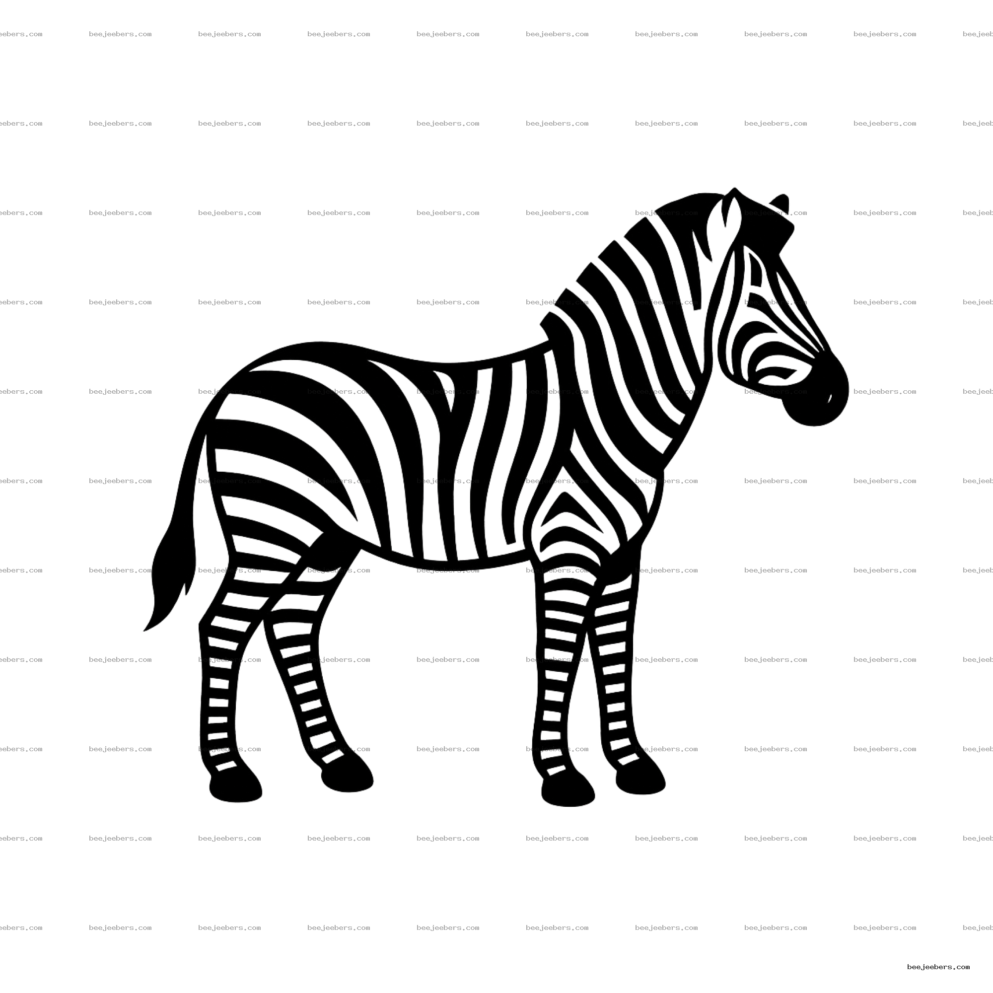 Clean black and white vector zebra PNG illustration with transparent background in profile view