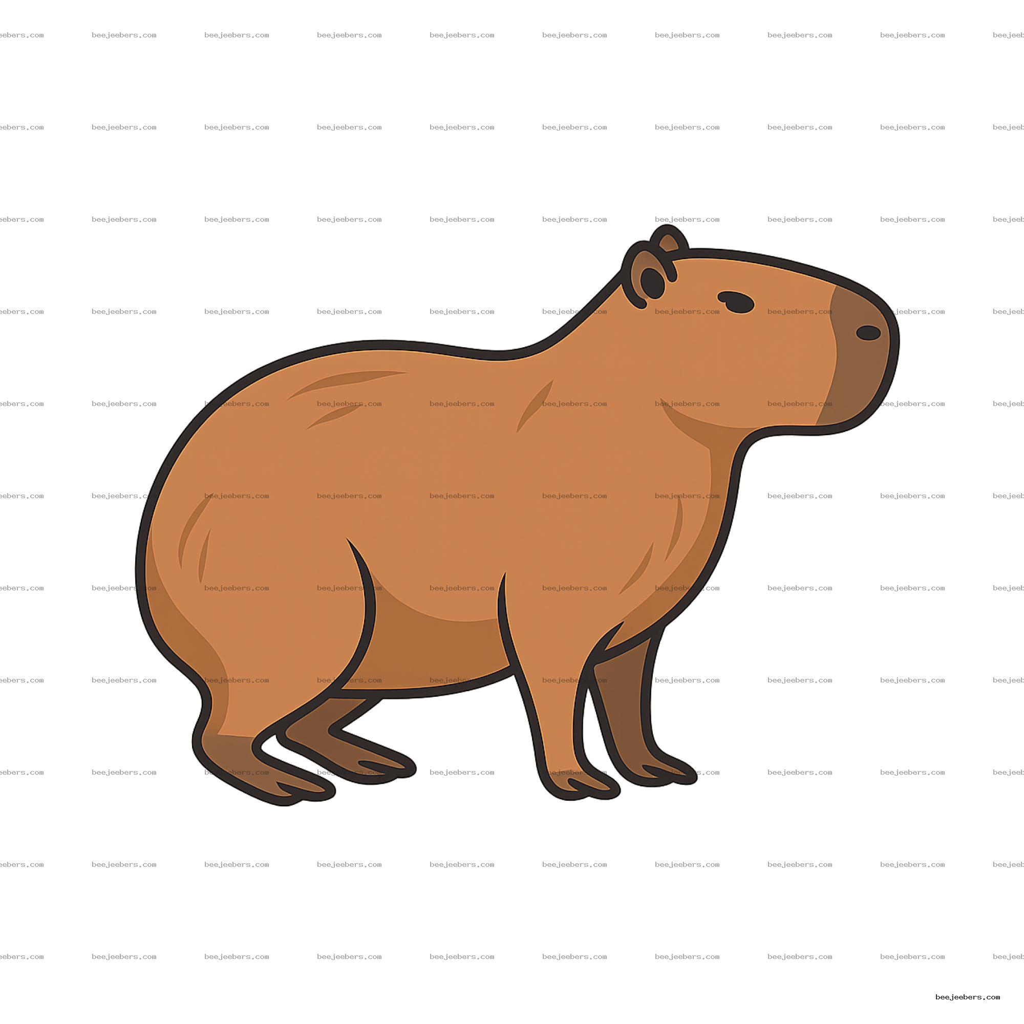 Clean vector illustration of a standing capybara in brown shades with transparent background